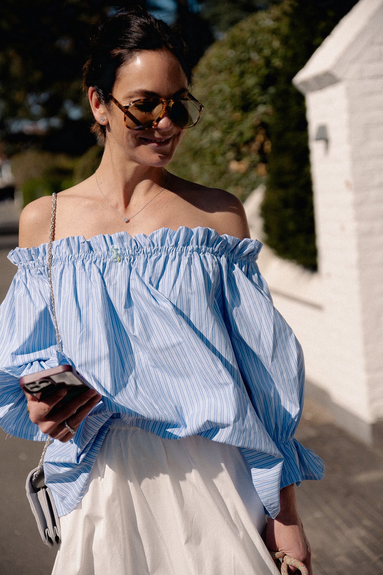 Isabeau off shoulder blouse blauw/wit