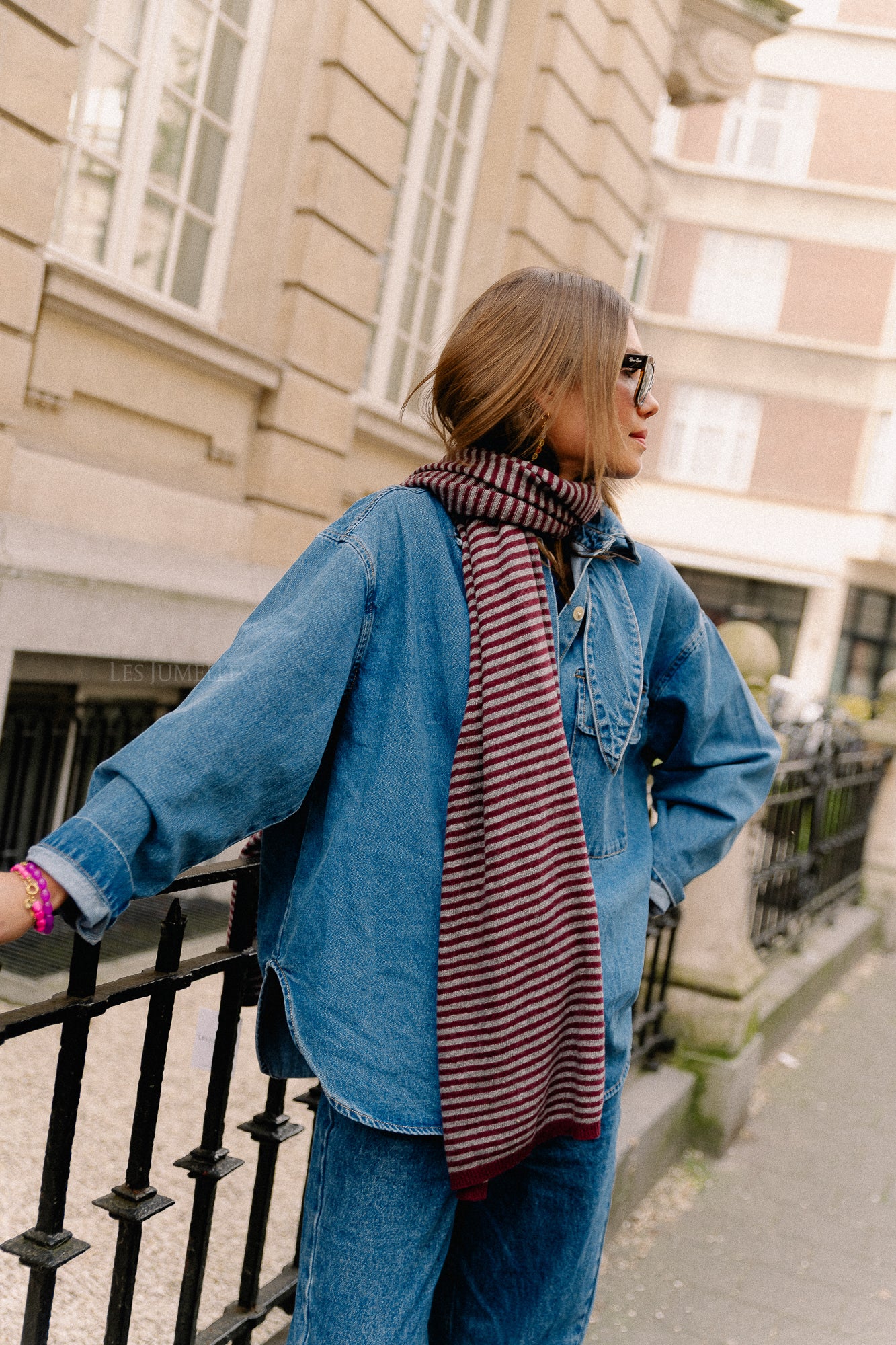 Écharpe rayée Florence gris/bordeaux
