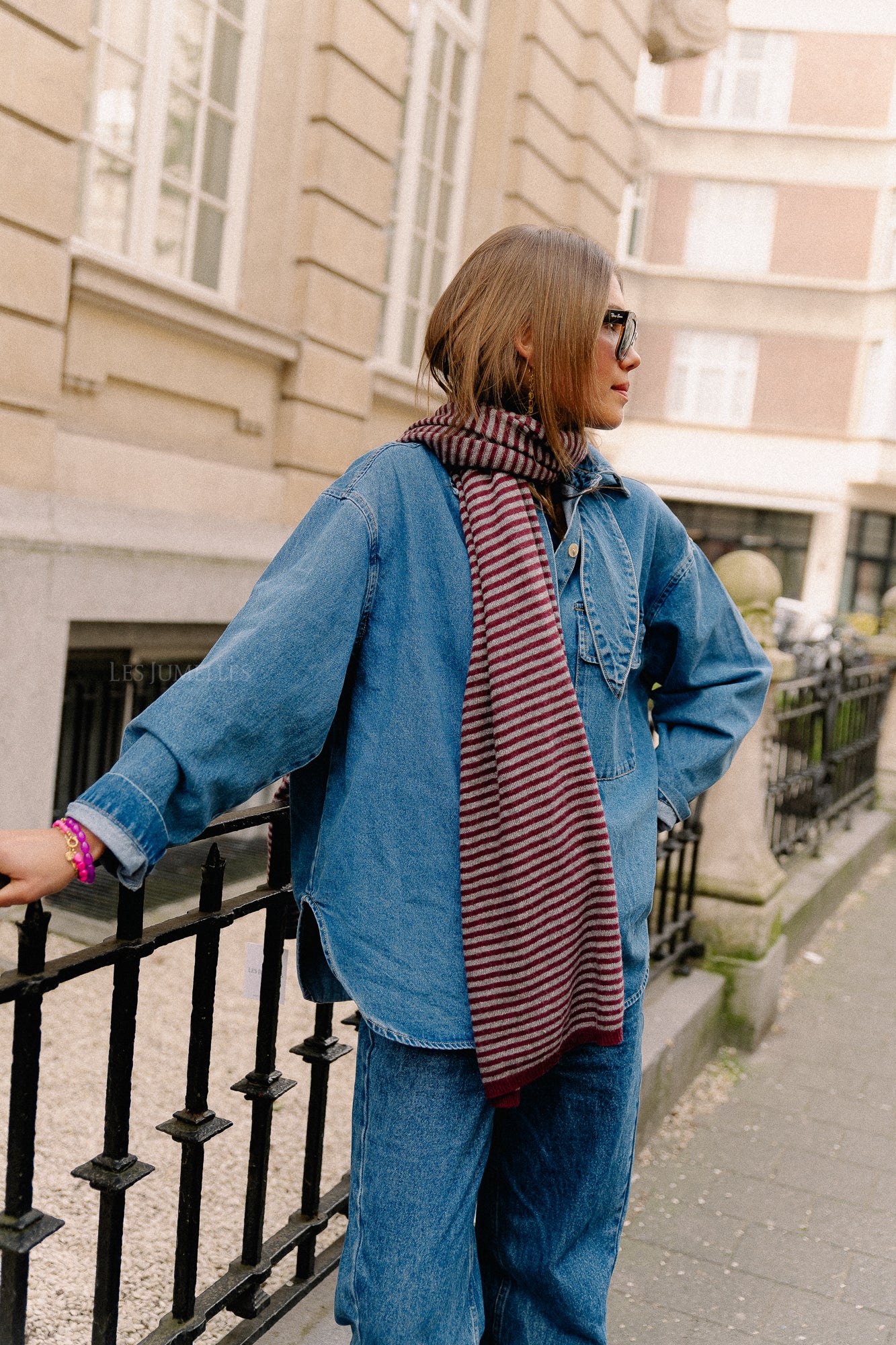 Écharpe rayée Florence gris/bordeaux