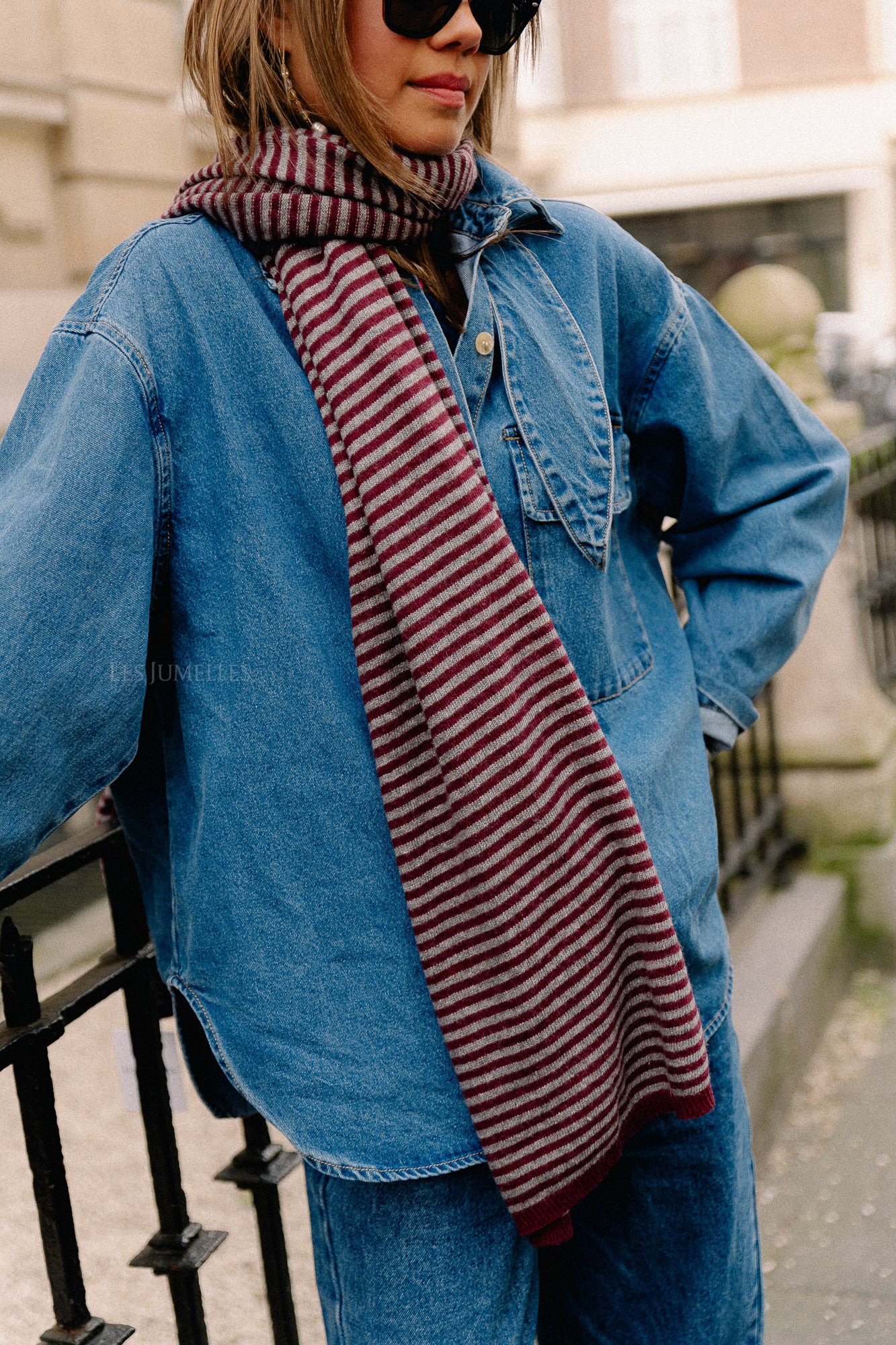 Écharpe rayée Florence gris/bordeaux