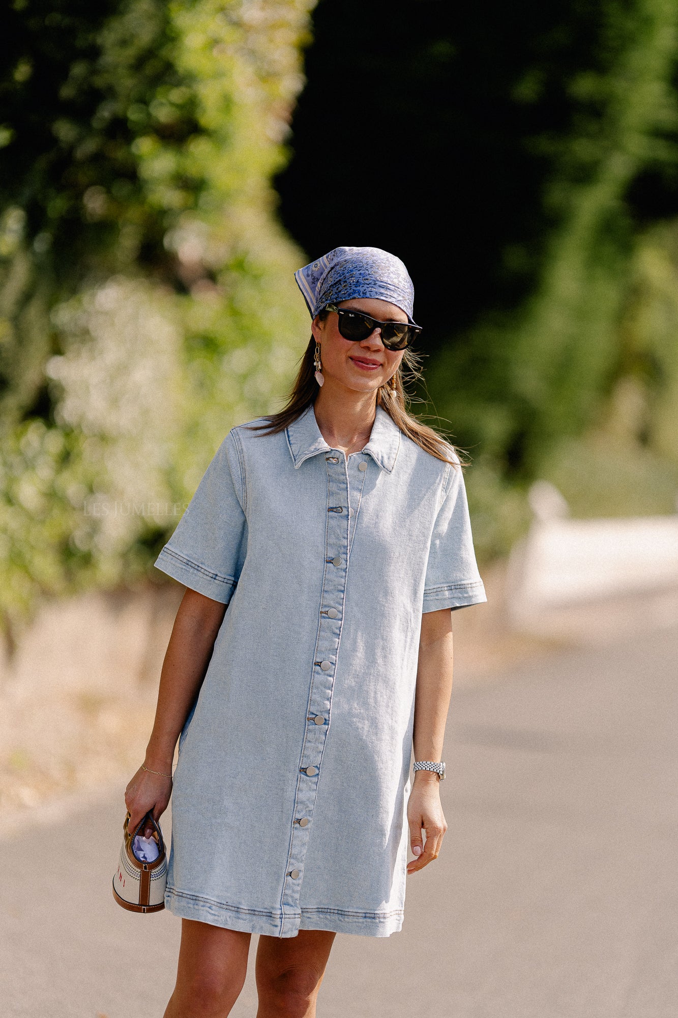 VISol 2/4 sleeve button dress light blue denim
