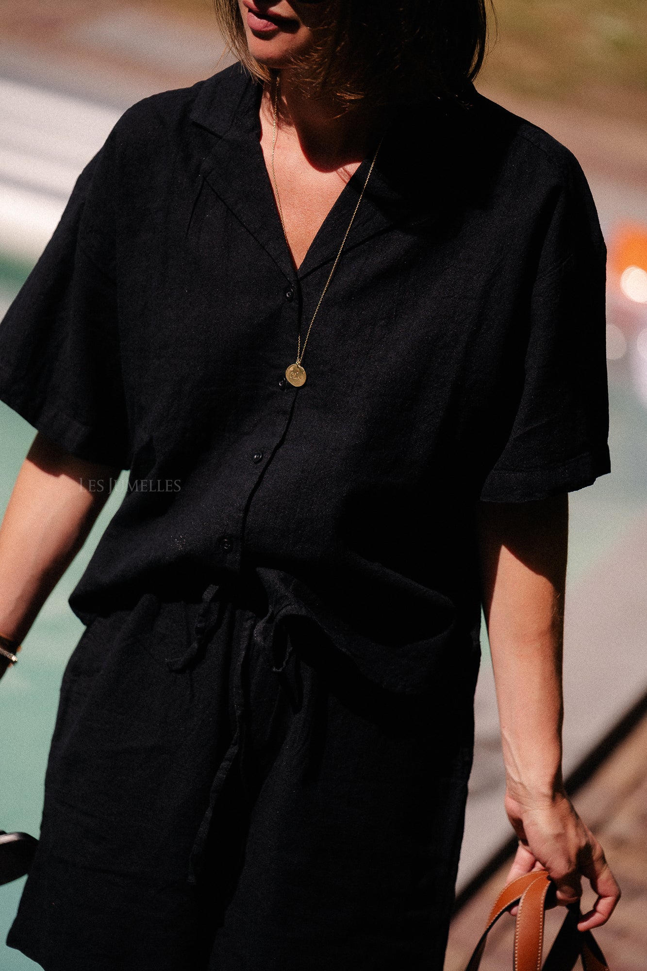 SLFLuisa 2/4 linen blend revers shirt black