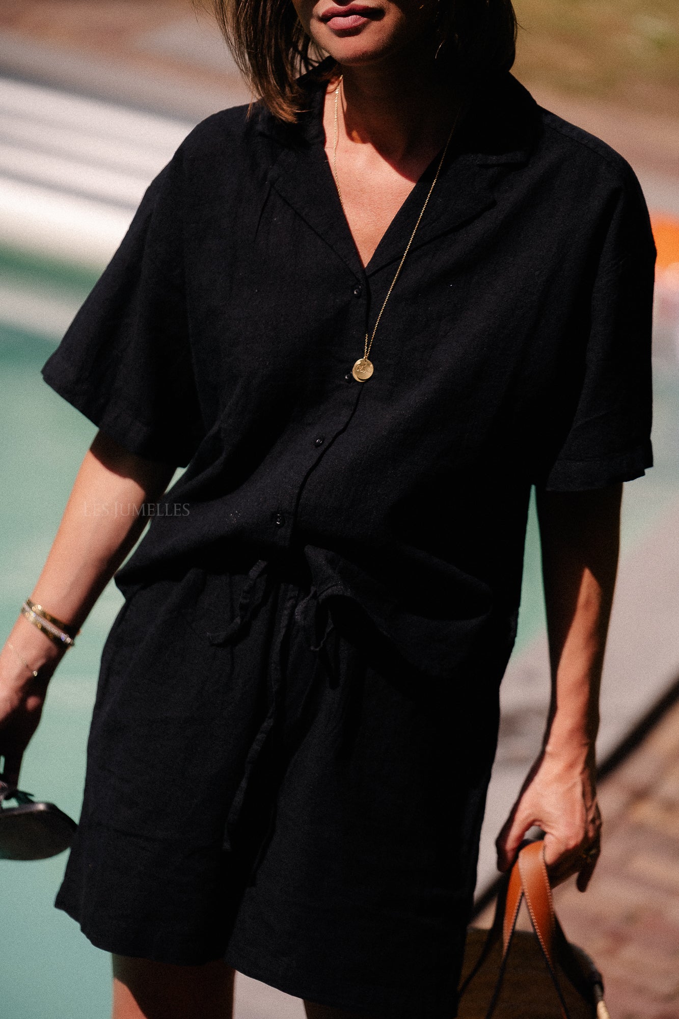 SLFLuisa 2/4 linen blend revers shirt black