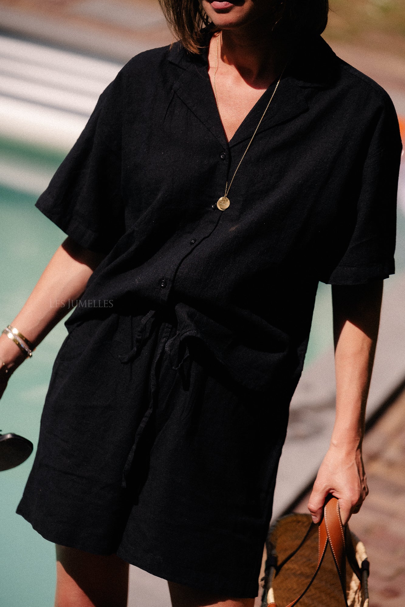 SLFLuisa 2/4 linen blend revers shirt black