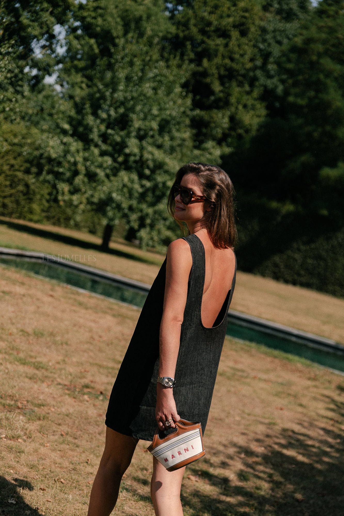 Elsa open back denim dress black