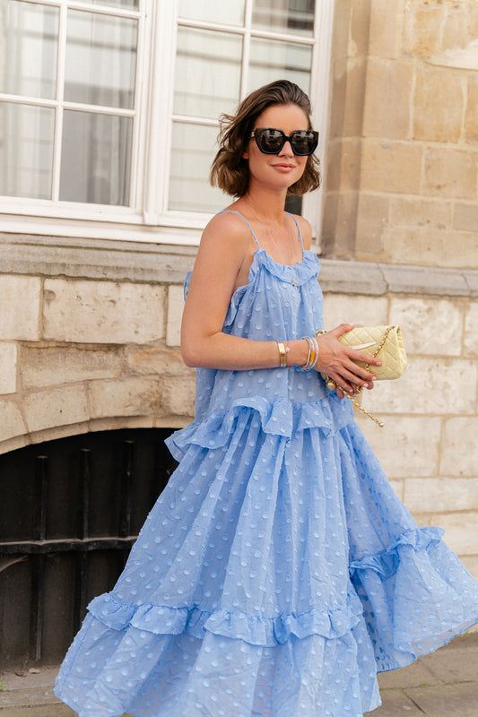 Les Jumelles Maxi-jurk met ruches zomerblauw