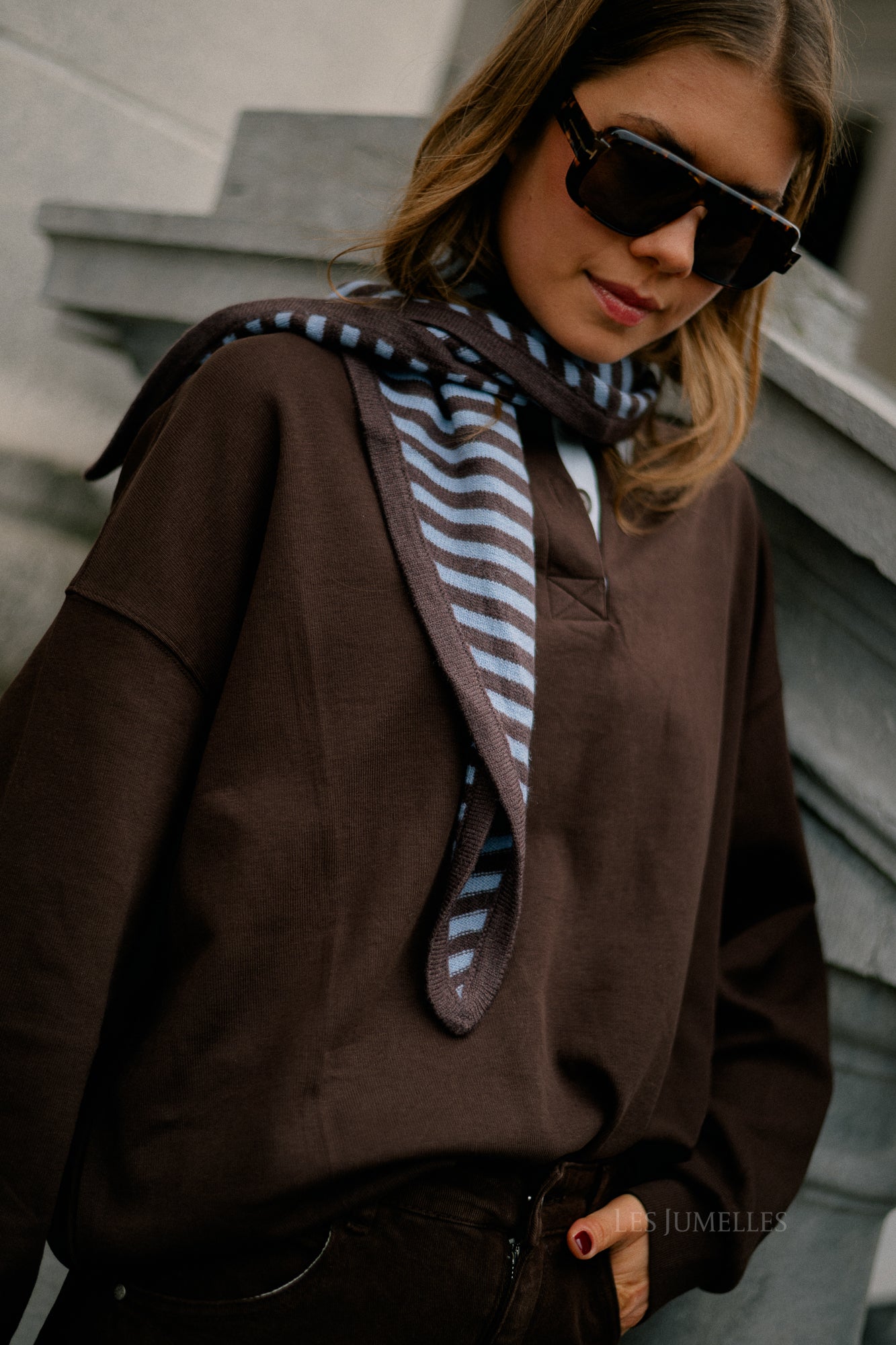 Esmee striped scarf brown/baby blue – Les Jumelles
