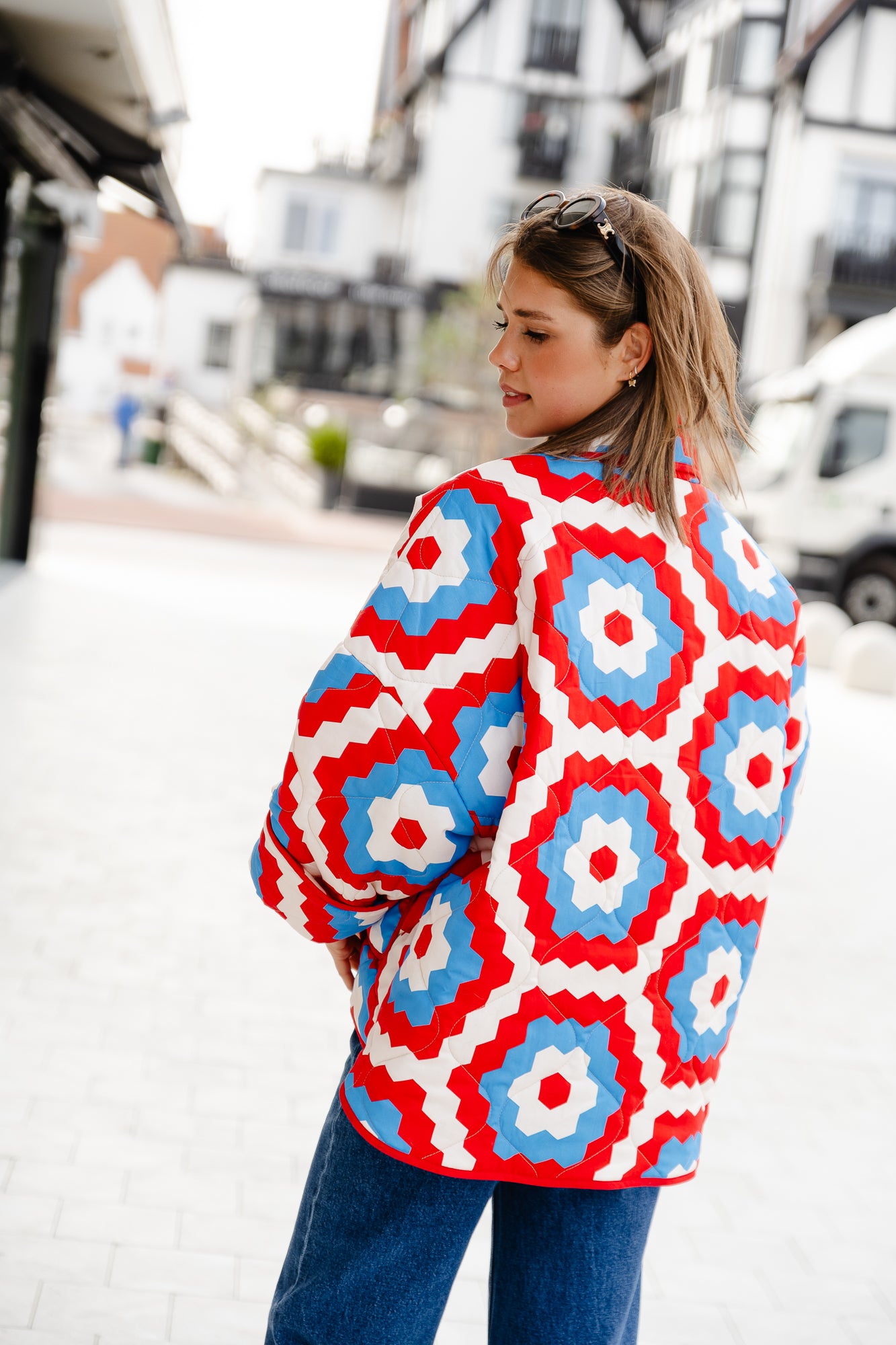 Isabella coat hexagon print blue/red