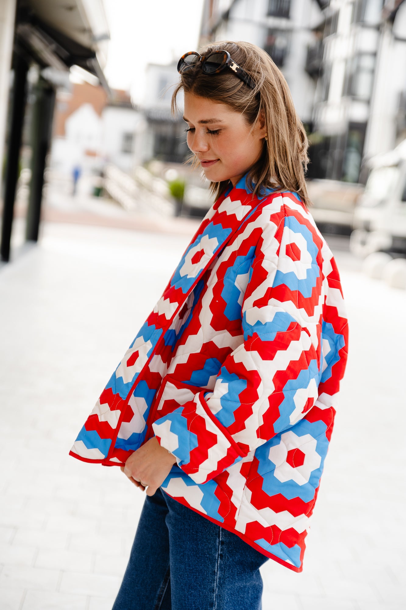 Isabella coat hexagon print blue/red