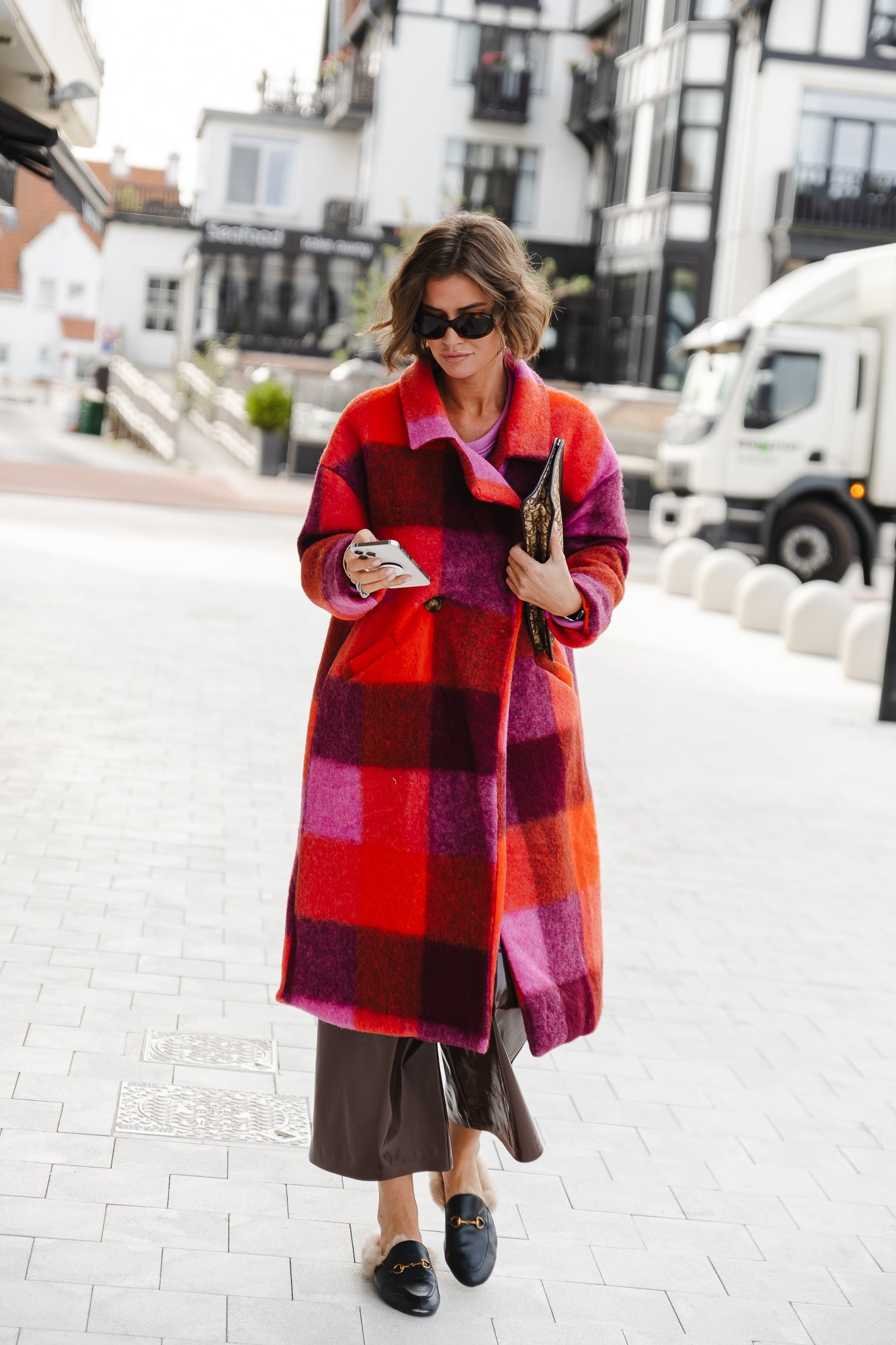 Manteau à carreaux Candice corail