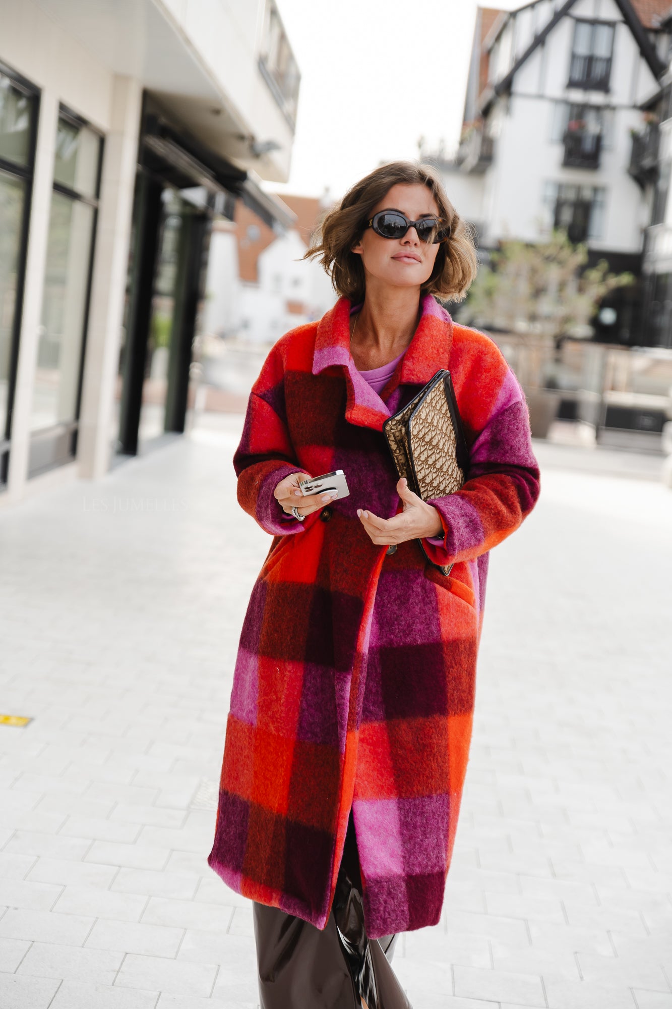 Manteau à carreaux Candice corail