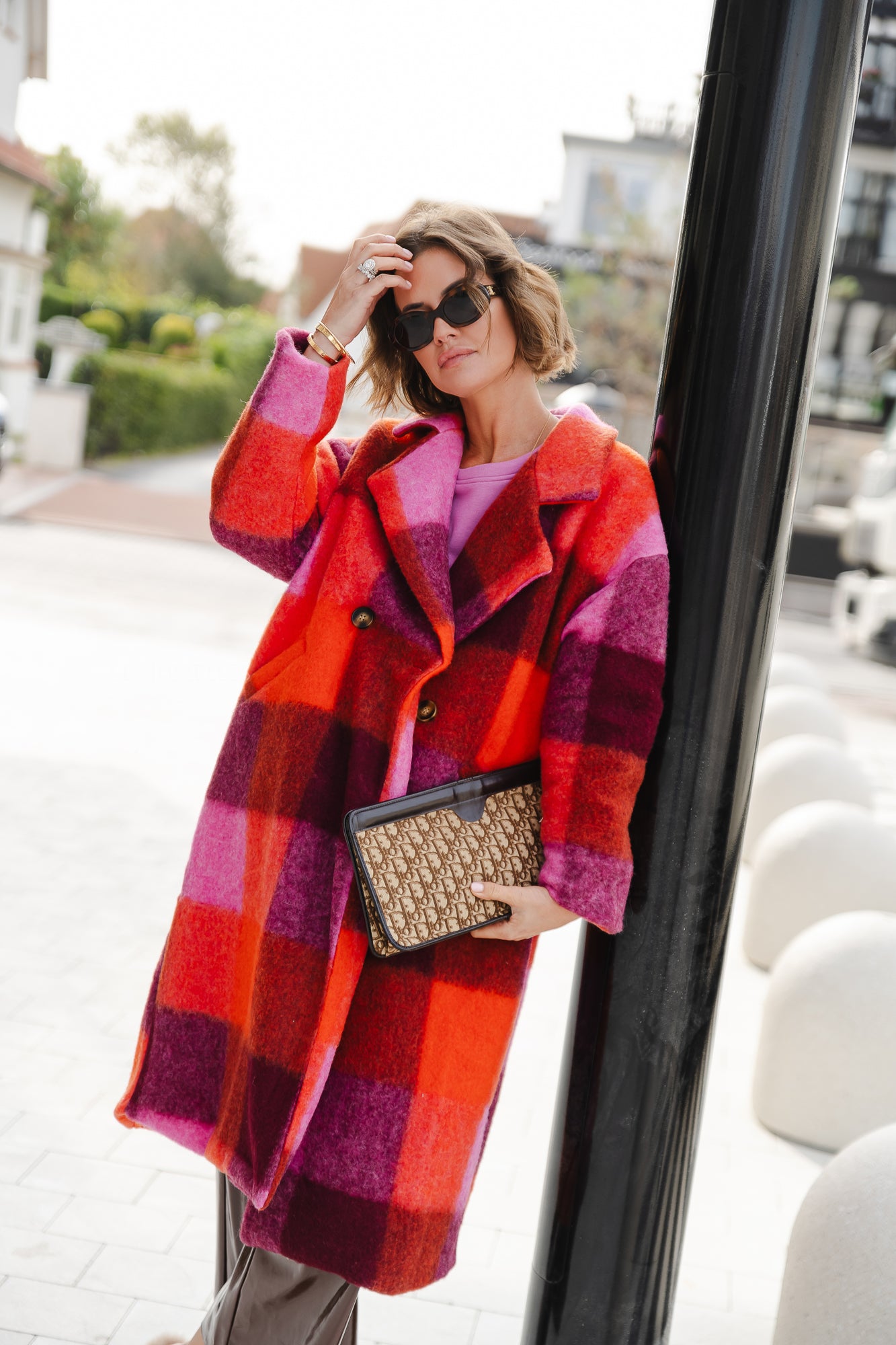 Manteau à carreaux Candice corail