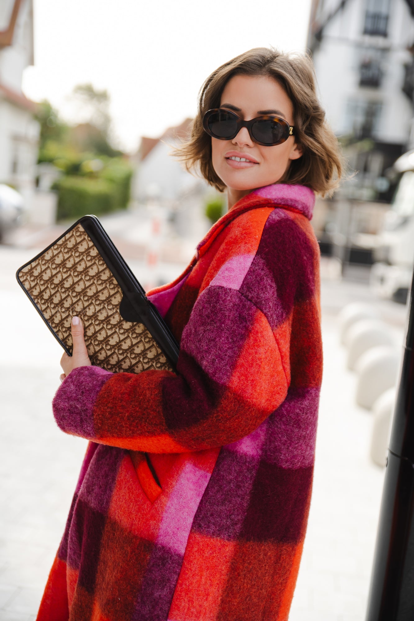 Manteau à carreaux Candice corail