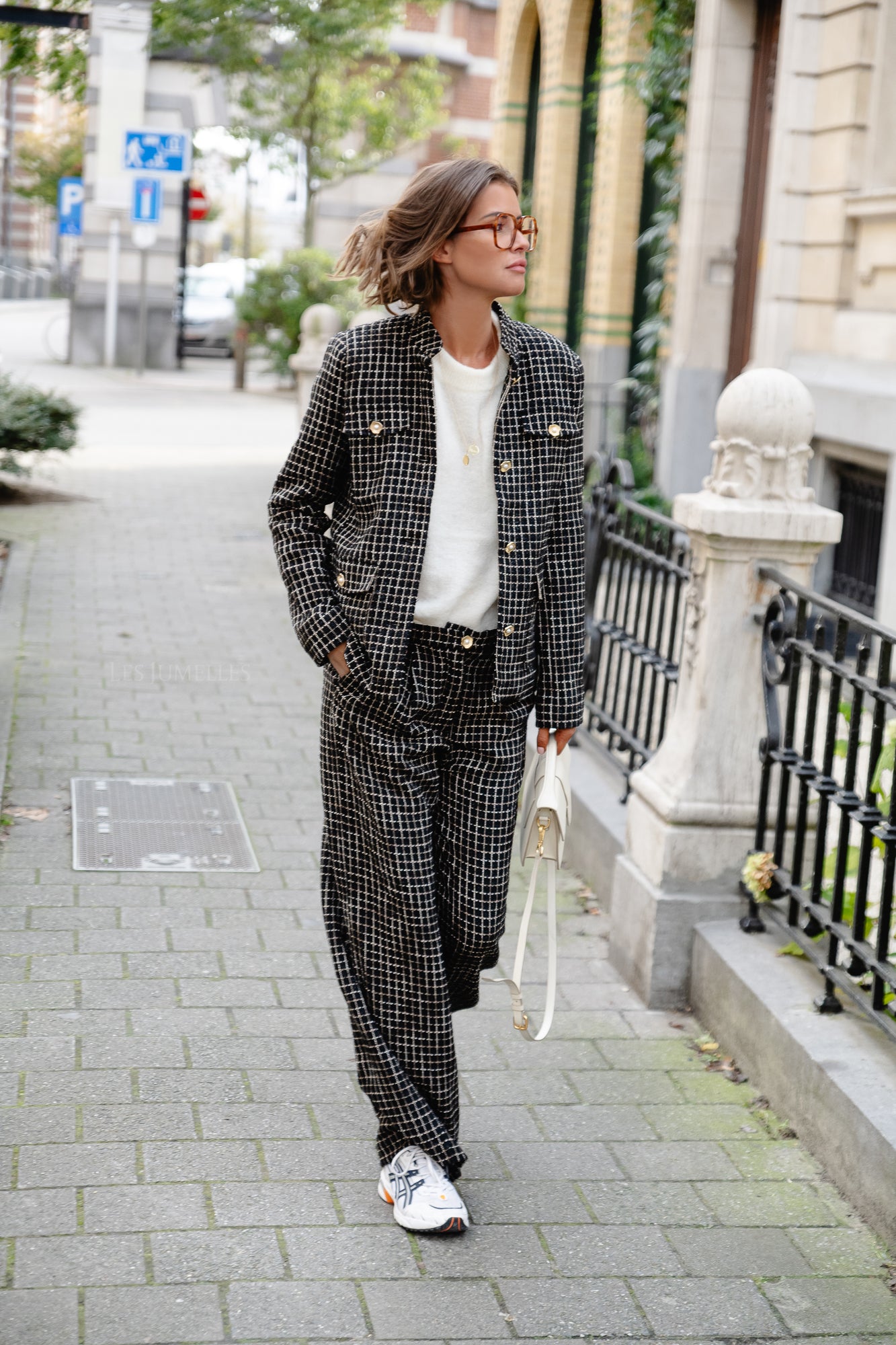 <tc>Pantalon bouclé à carreaux noir/blanc</tc>