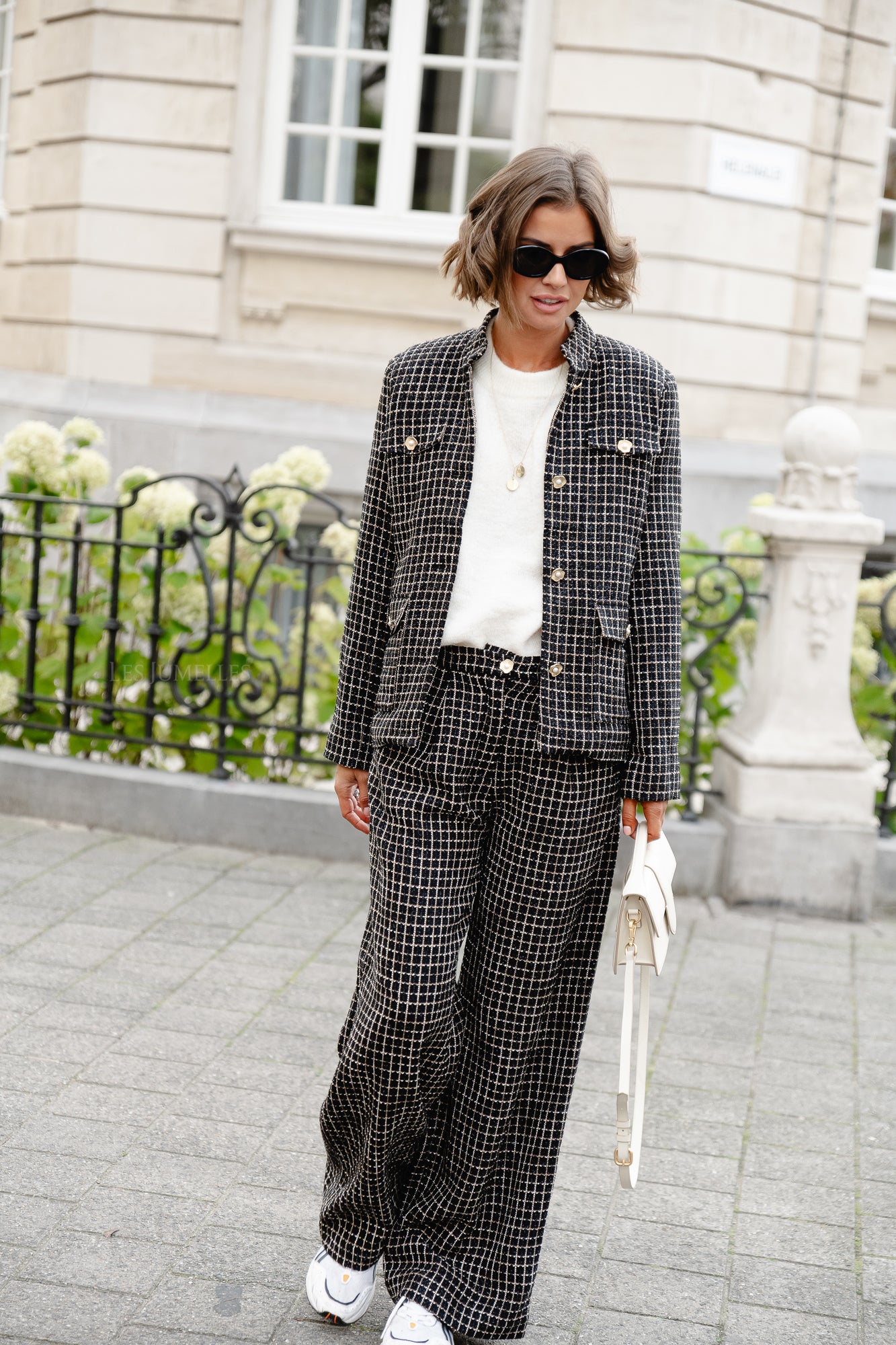 <tc>Pantalon bouclé à carreaux noir/blanc</tc>