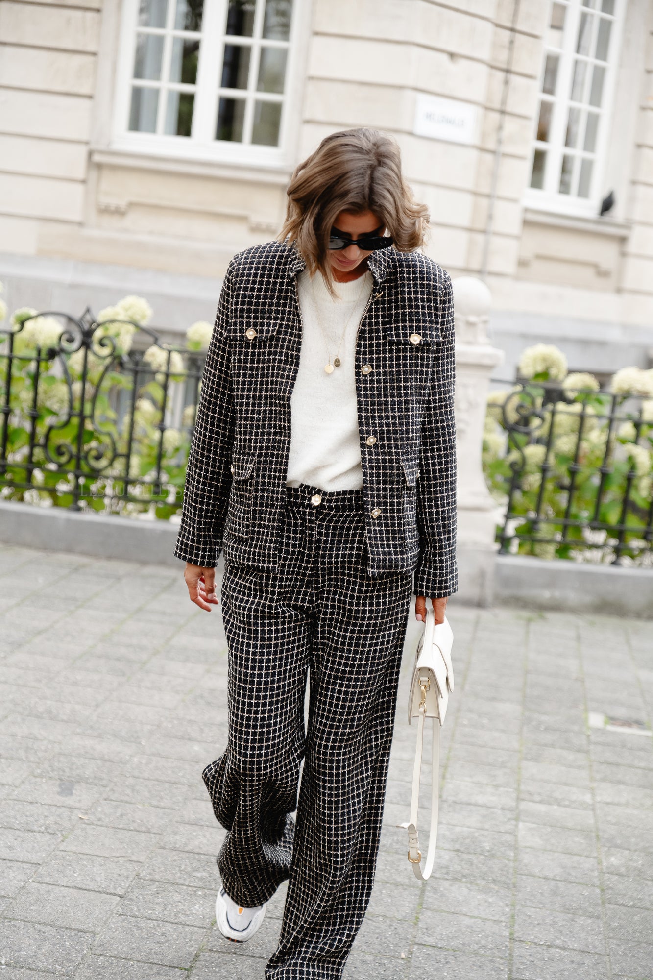 <tc>Pantalon bouclé à carreaux noir/blanc</tc>