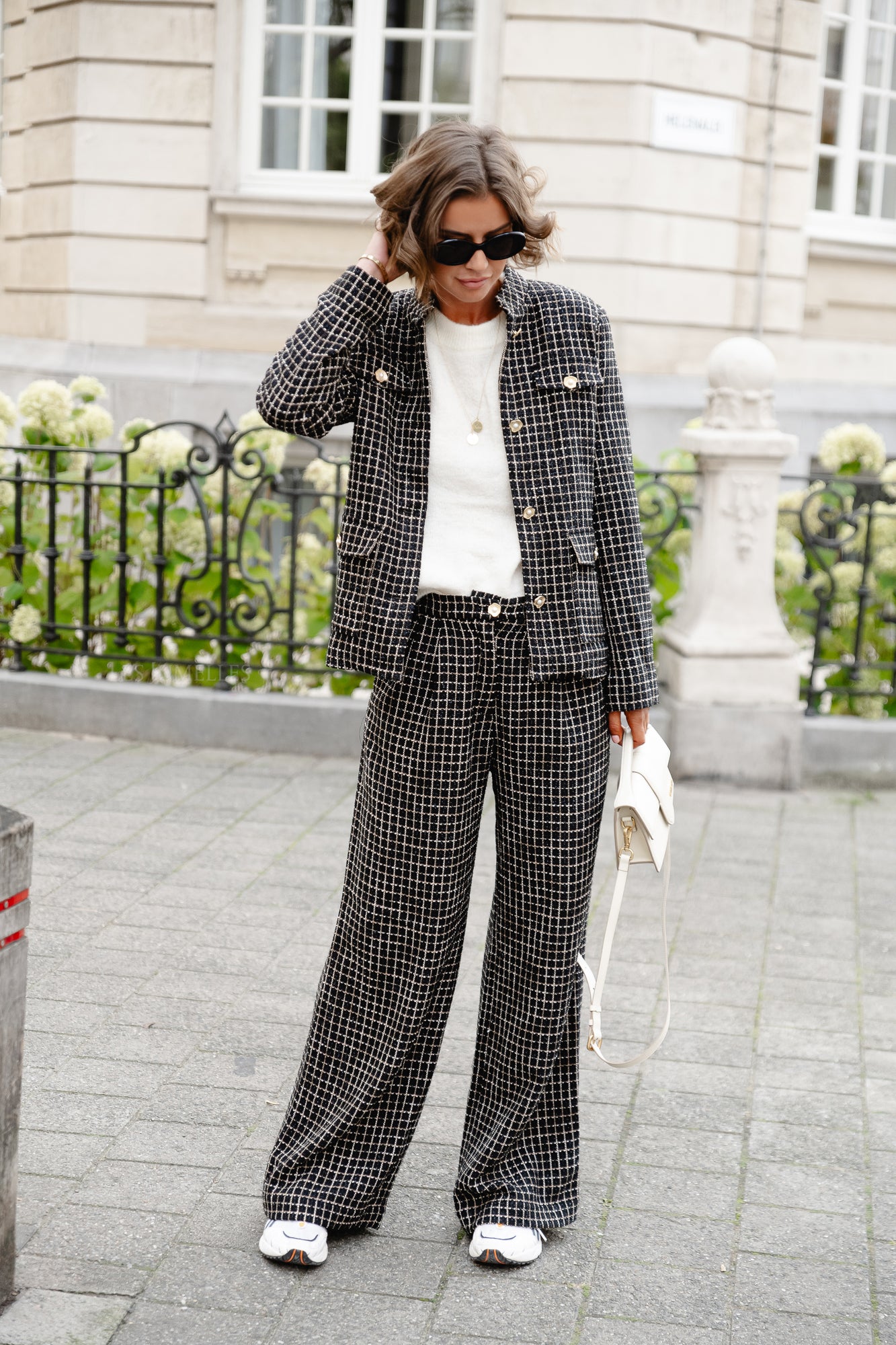<tc>Pantalon bouclé à carreaux noir/blanc</tc>