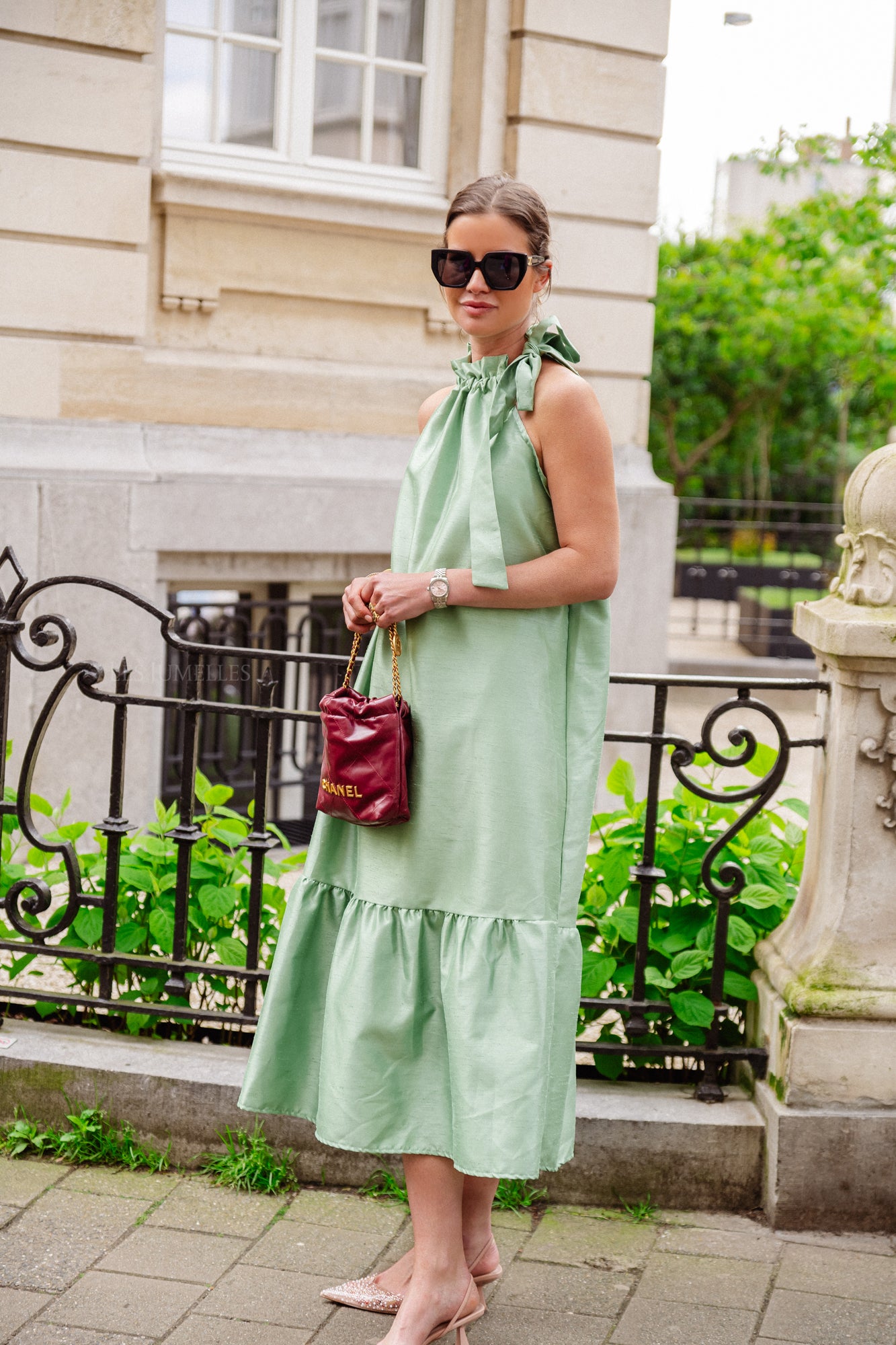 Robe longue dos nu Ella vert menthe
