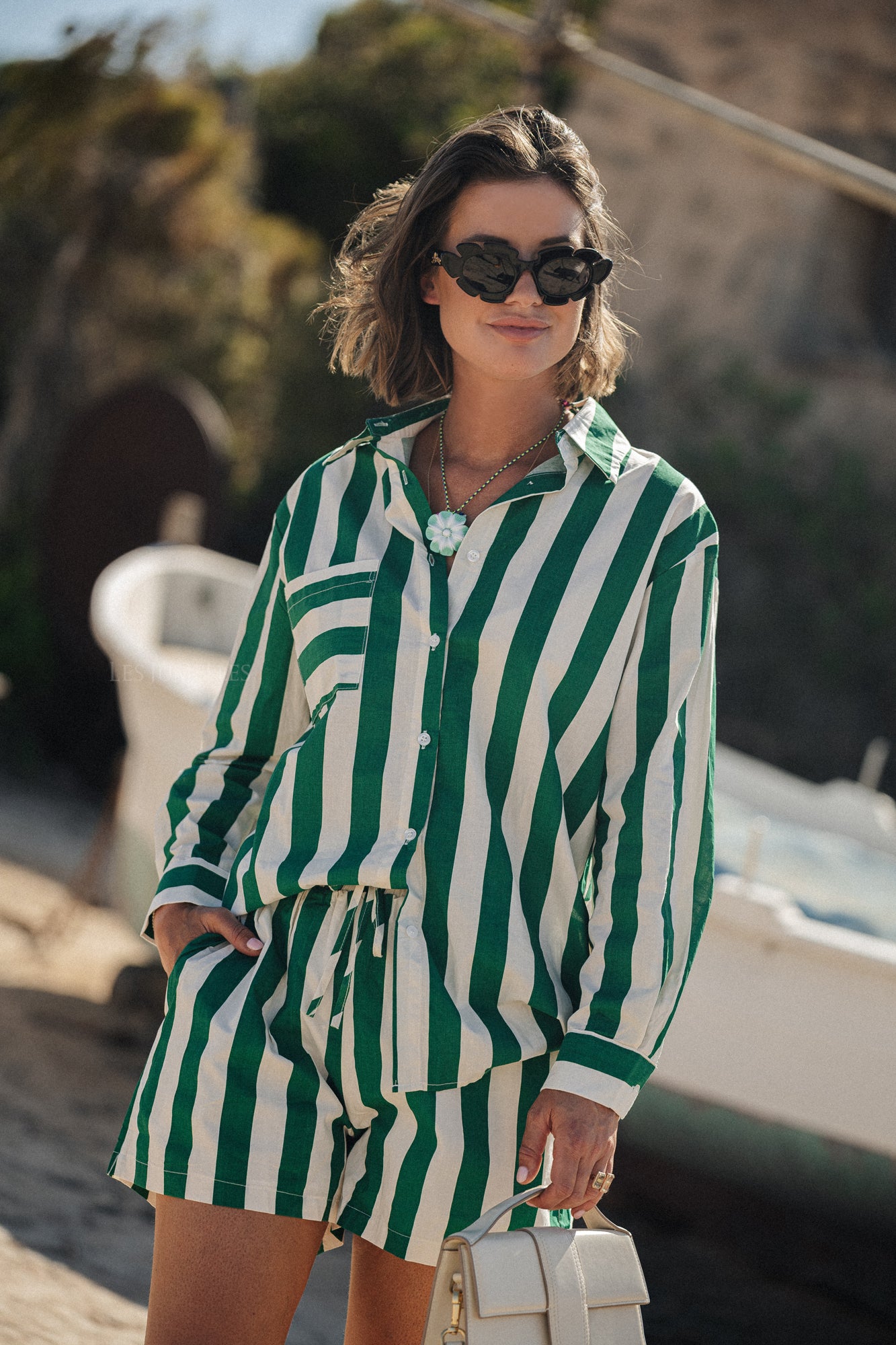 Summer striped shorts ecru/green