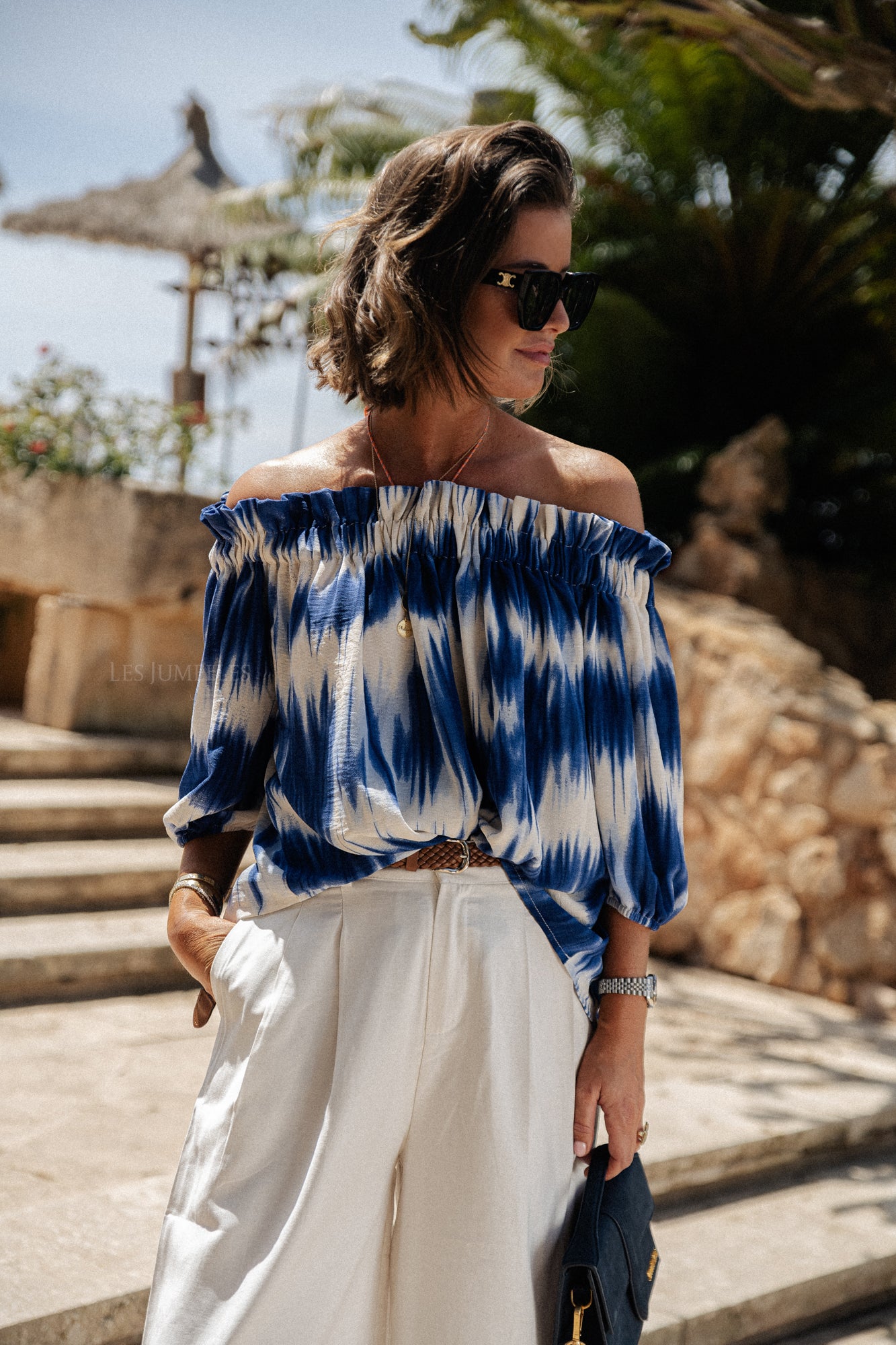 Anabel schulterfreie Bluse in Tie-Dye-Blau