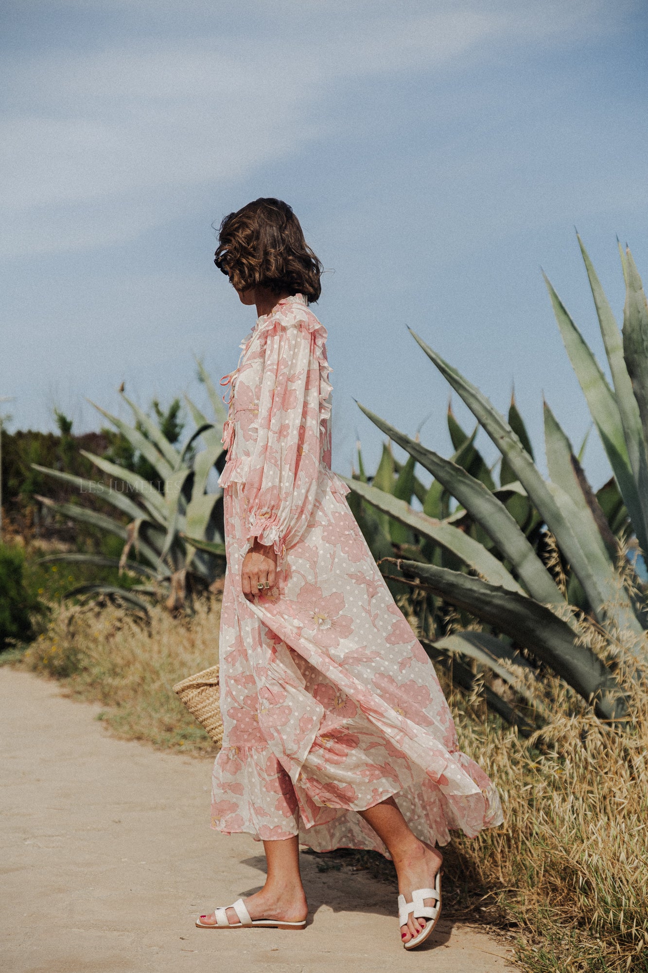 Robe longue en mousseline imprimée rose tendre