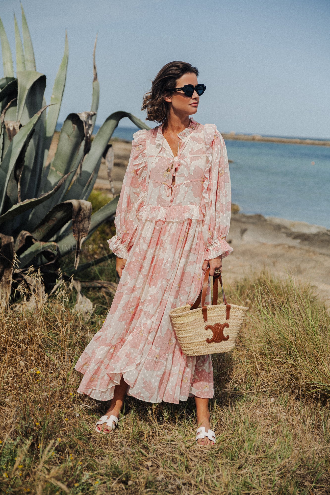 Robe longue en mousseline imprimée rose tendre