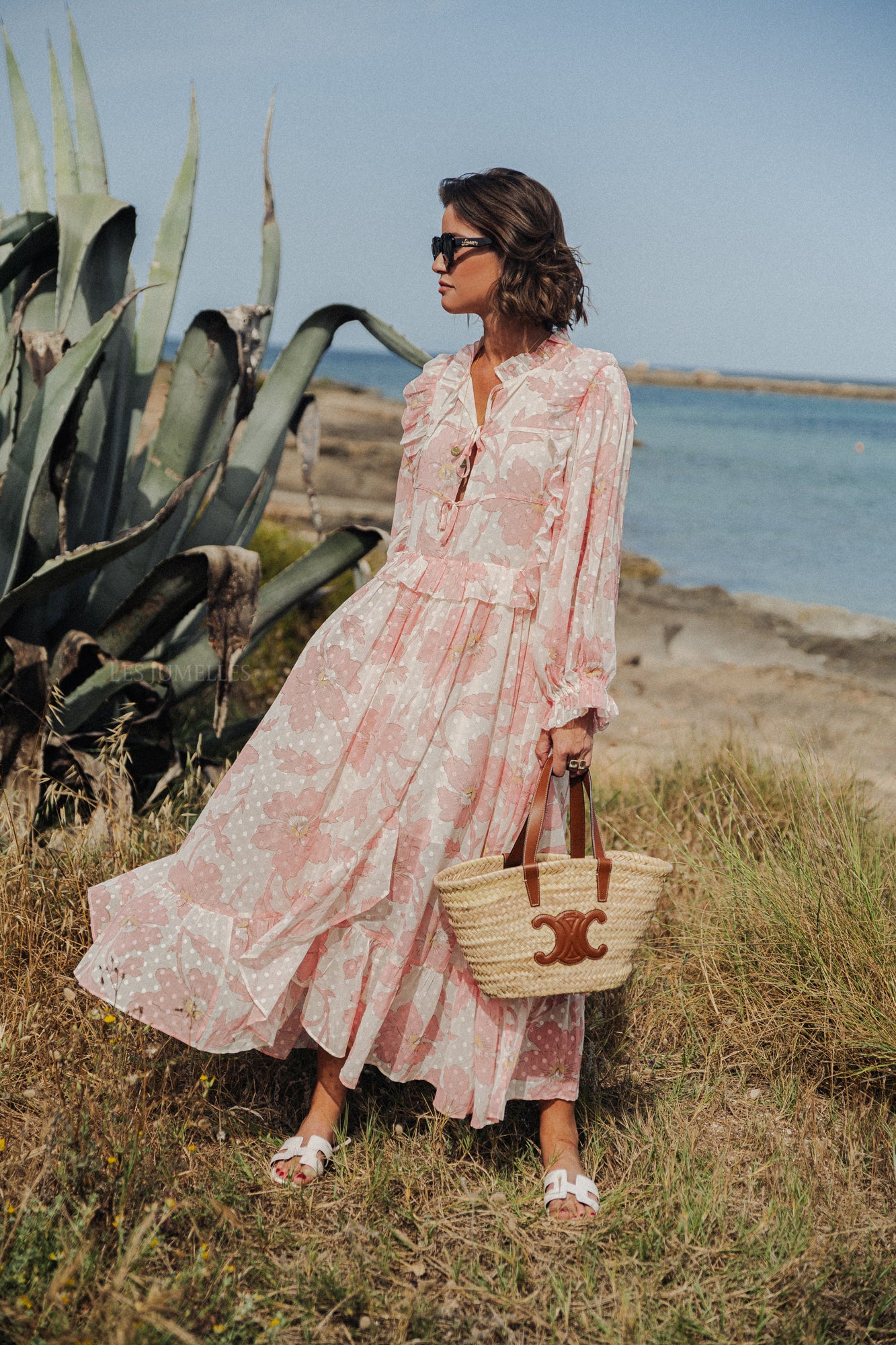 Robe longue en mousseline imprimée rose tendre