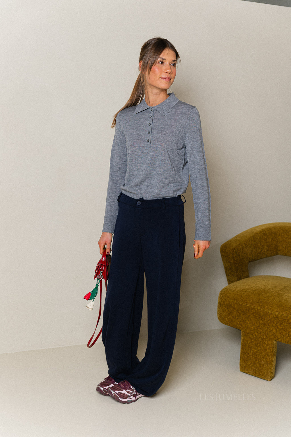 SLFThea LS gebreide merino polo middengrijs gemêleerd