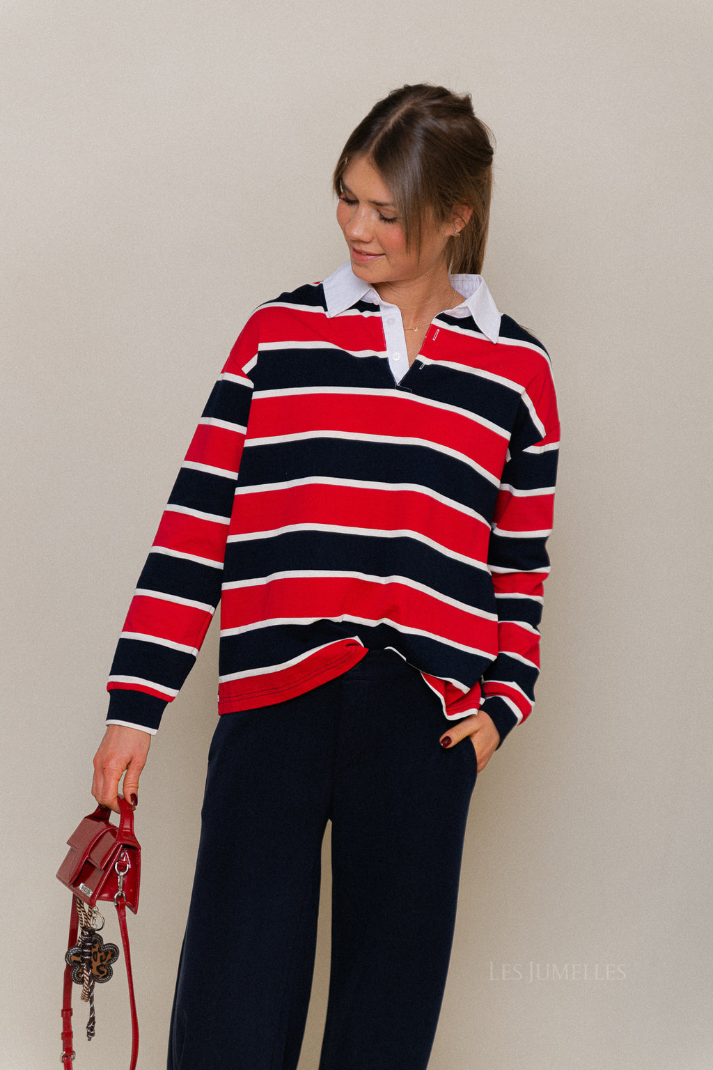 Ines gestreepte poloshirt marineblauw/rood