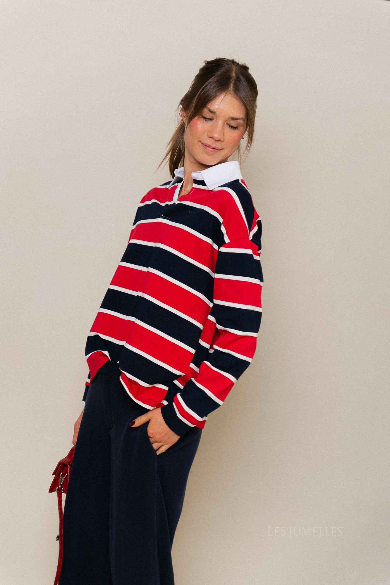 Ines gestreepte poloshirt marineblauw/rood