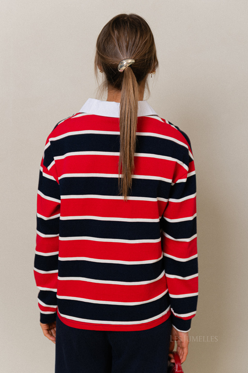 Ines gestreepte poloshirt marineblauw/rood