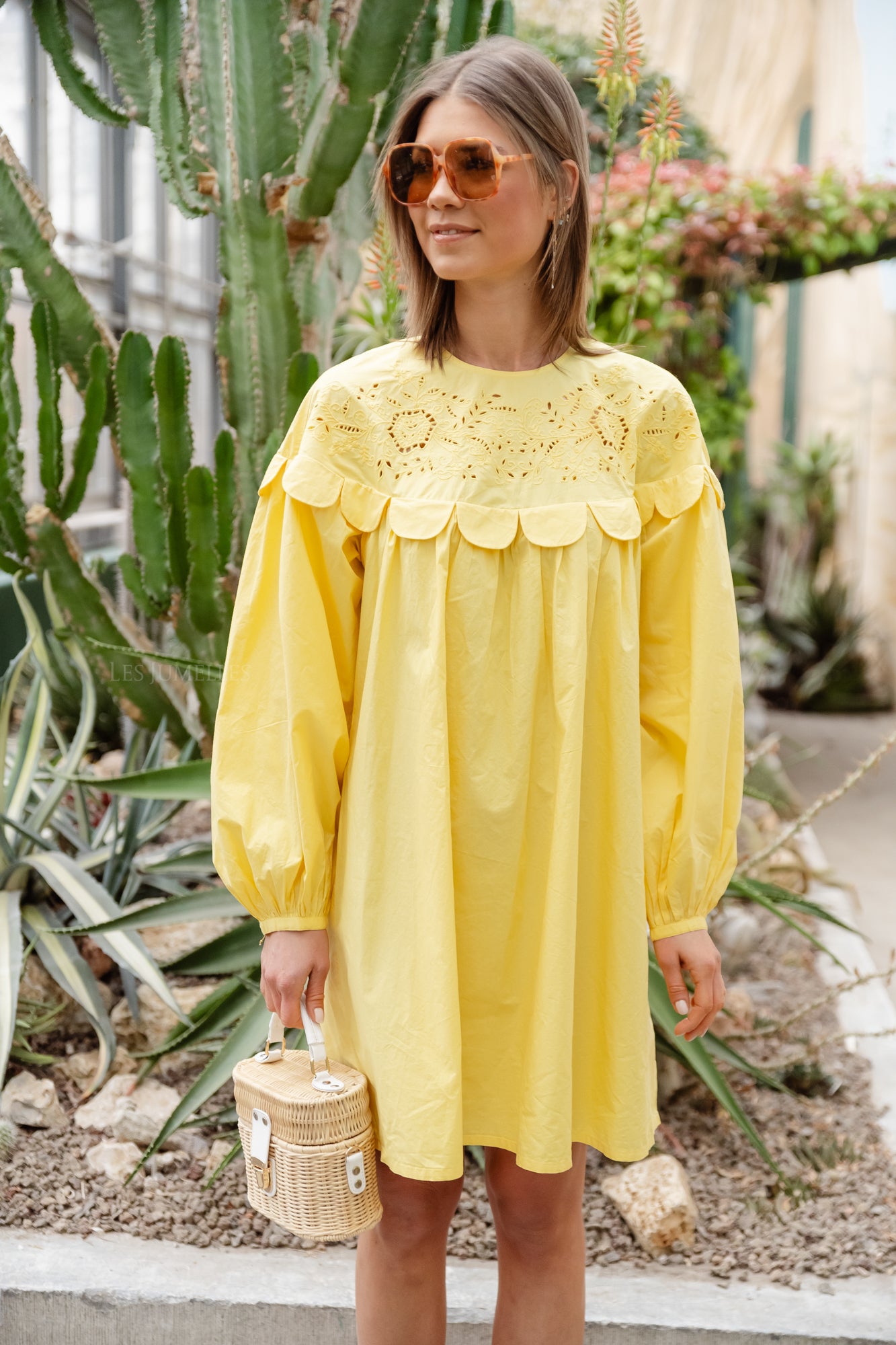 Embroidery anglaise mini dress sweet yellow