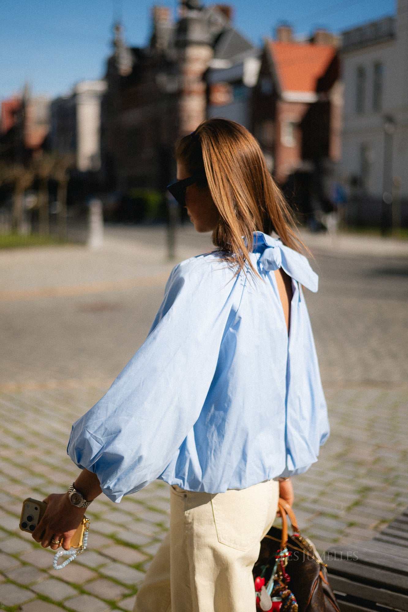 Michelle open back blouse light blue