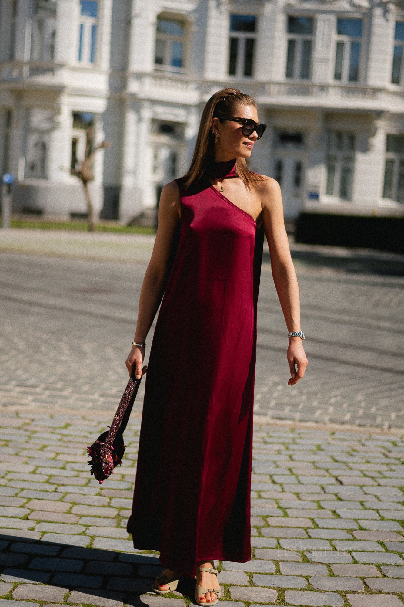 YASAnnalina one shoulder maxi dress rhododendron