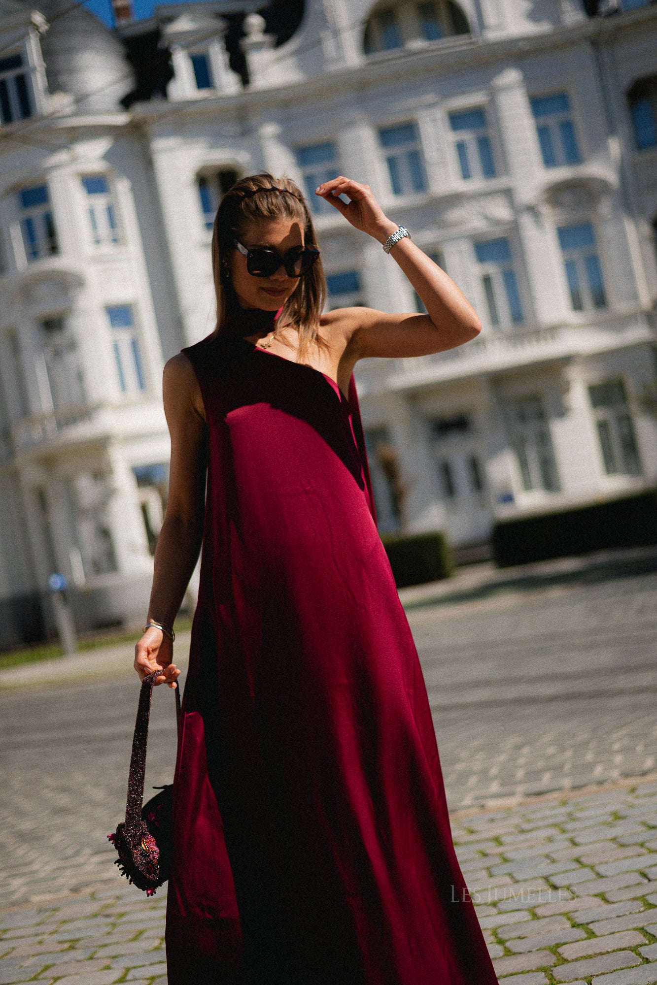 YASAnnalina one shoulder maxi dress rhododendron