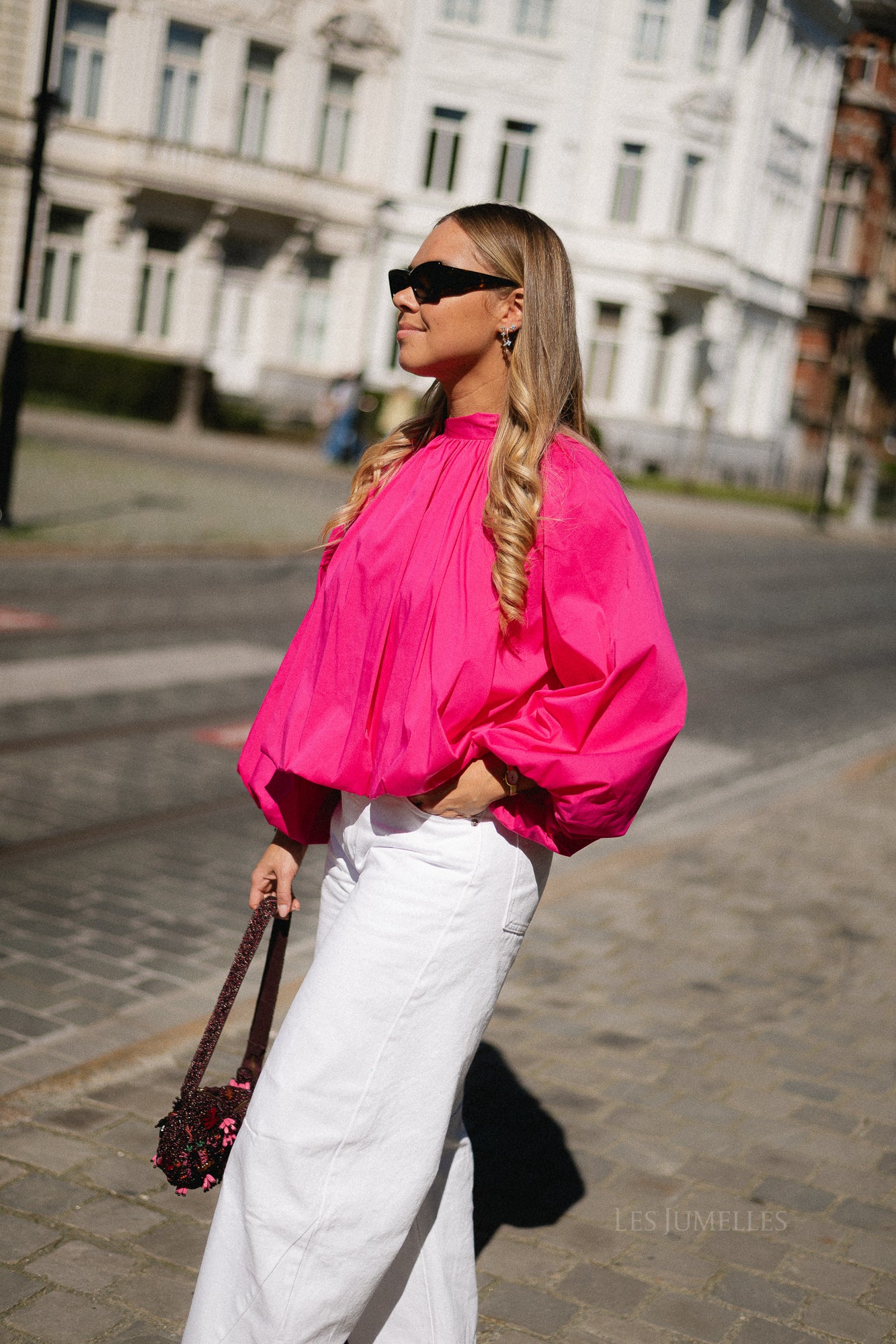 Michelle open back blouse fuchsia