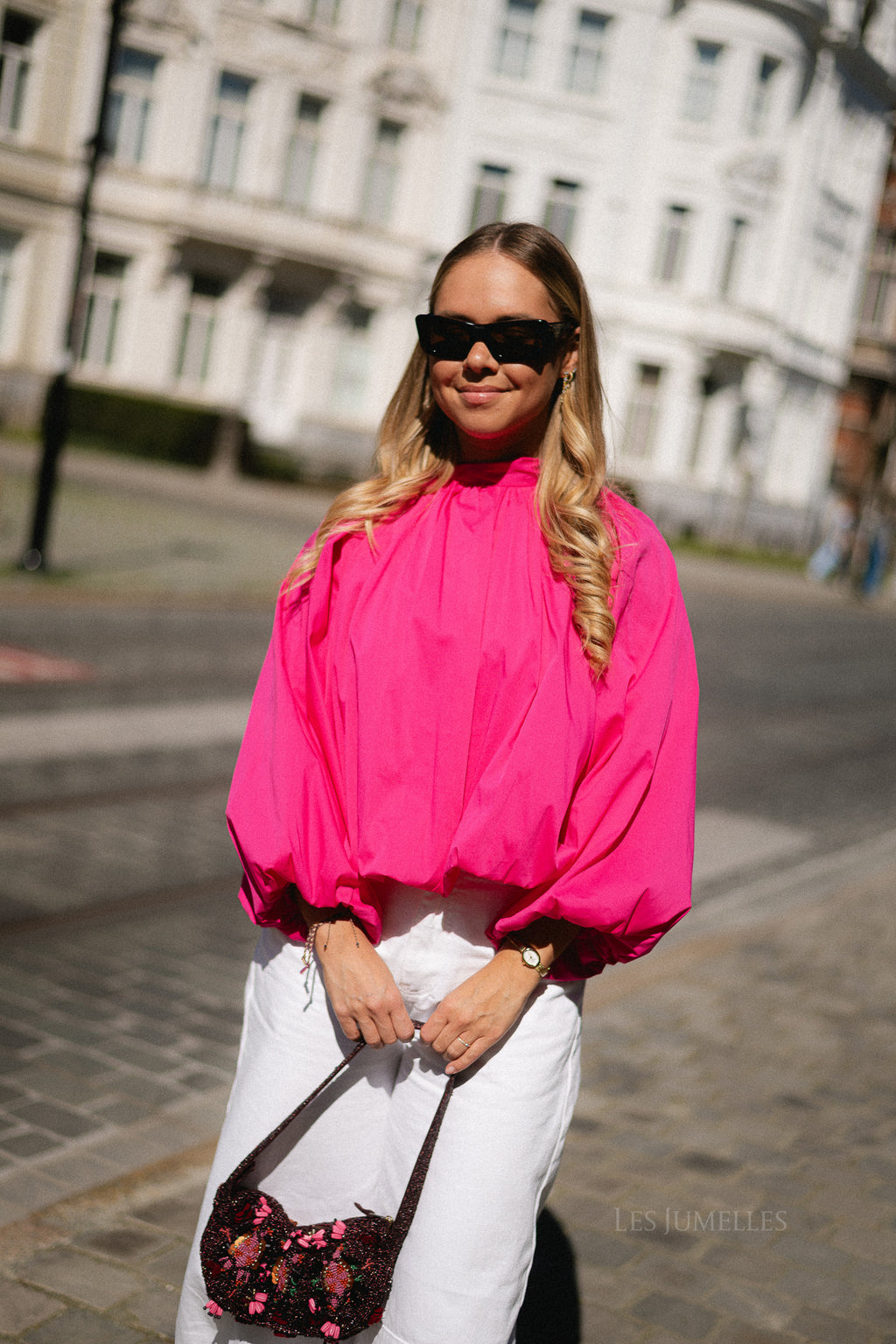 Michelle open back blouse fuchsia
