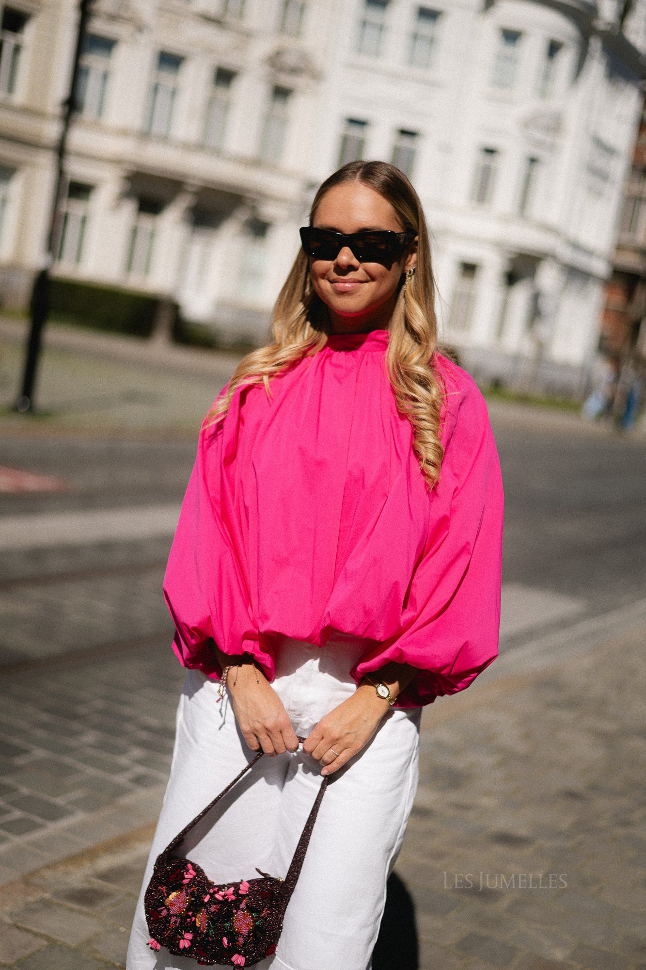 Michelle open back blouse fuchsia