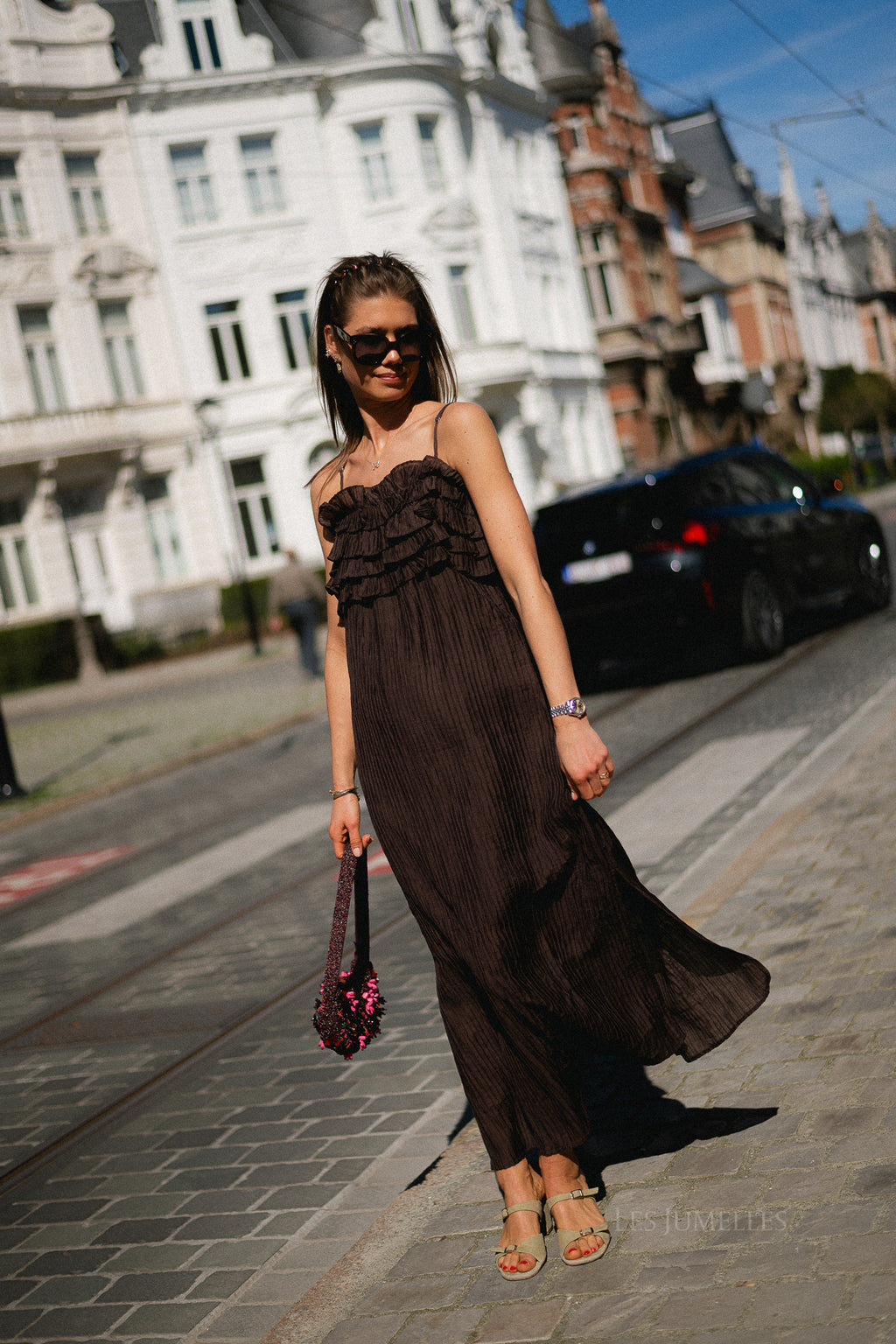 OBJLyne SL RE long dress seal brown