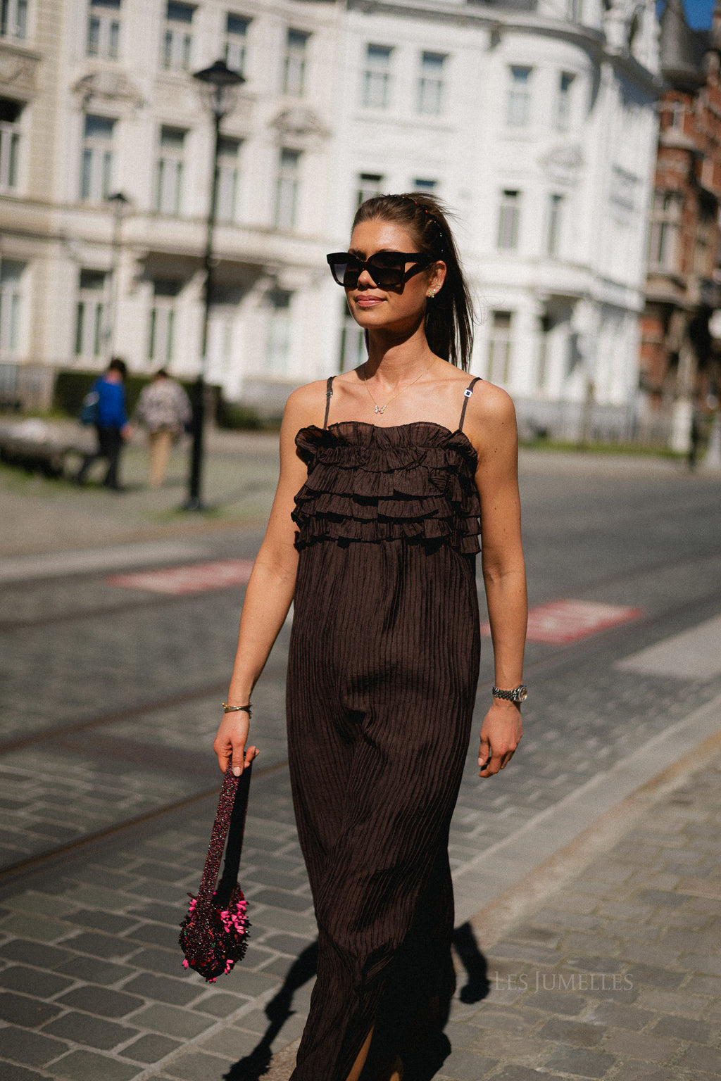 OBJLyne SL RE long dress seal brown