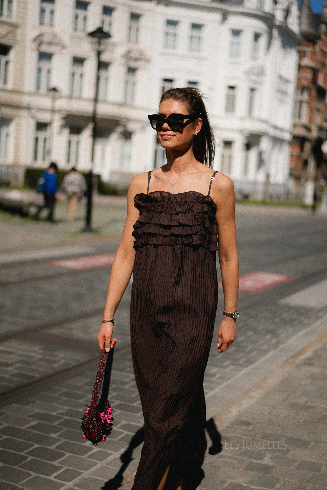 OBJLyne SL RE long dress seal brown