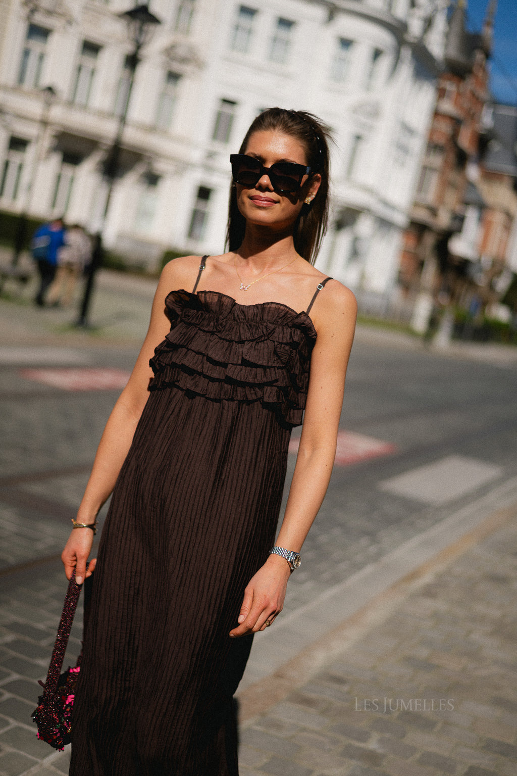 OBJLyne SL RE long dress seal brown