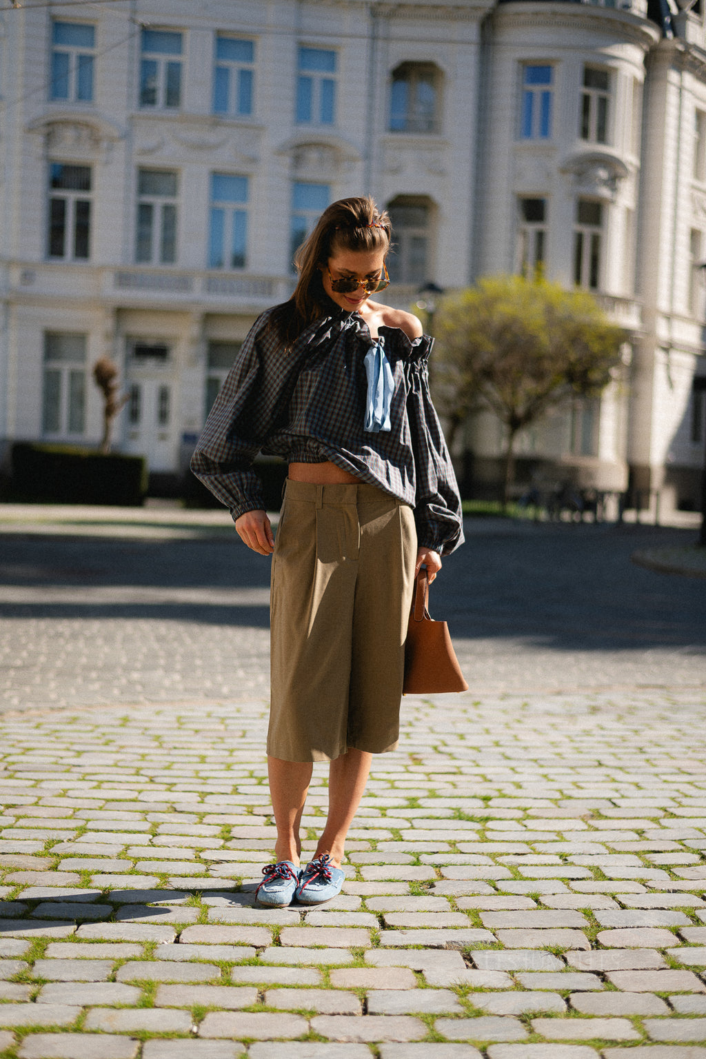 Isaline off-shoulder checked blouse petrol