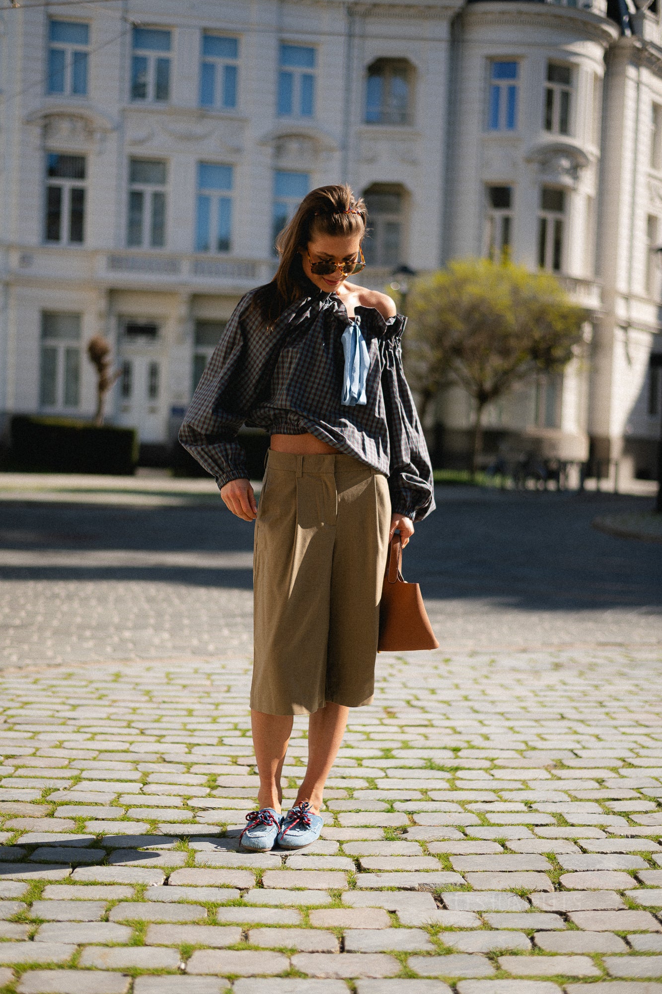 Isaline off-shoulder checked blouse petrol