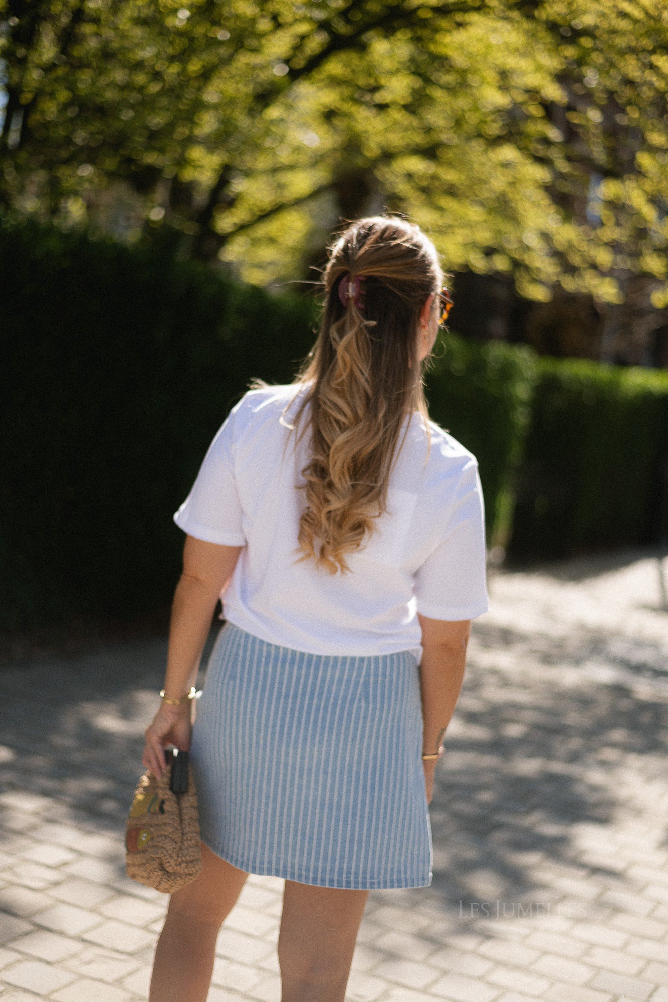 OBJSanni MW short denim skirt light blue denim/white