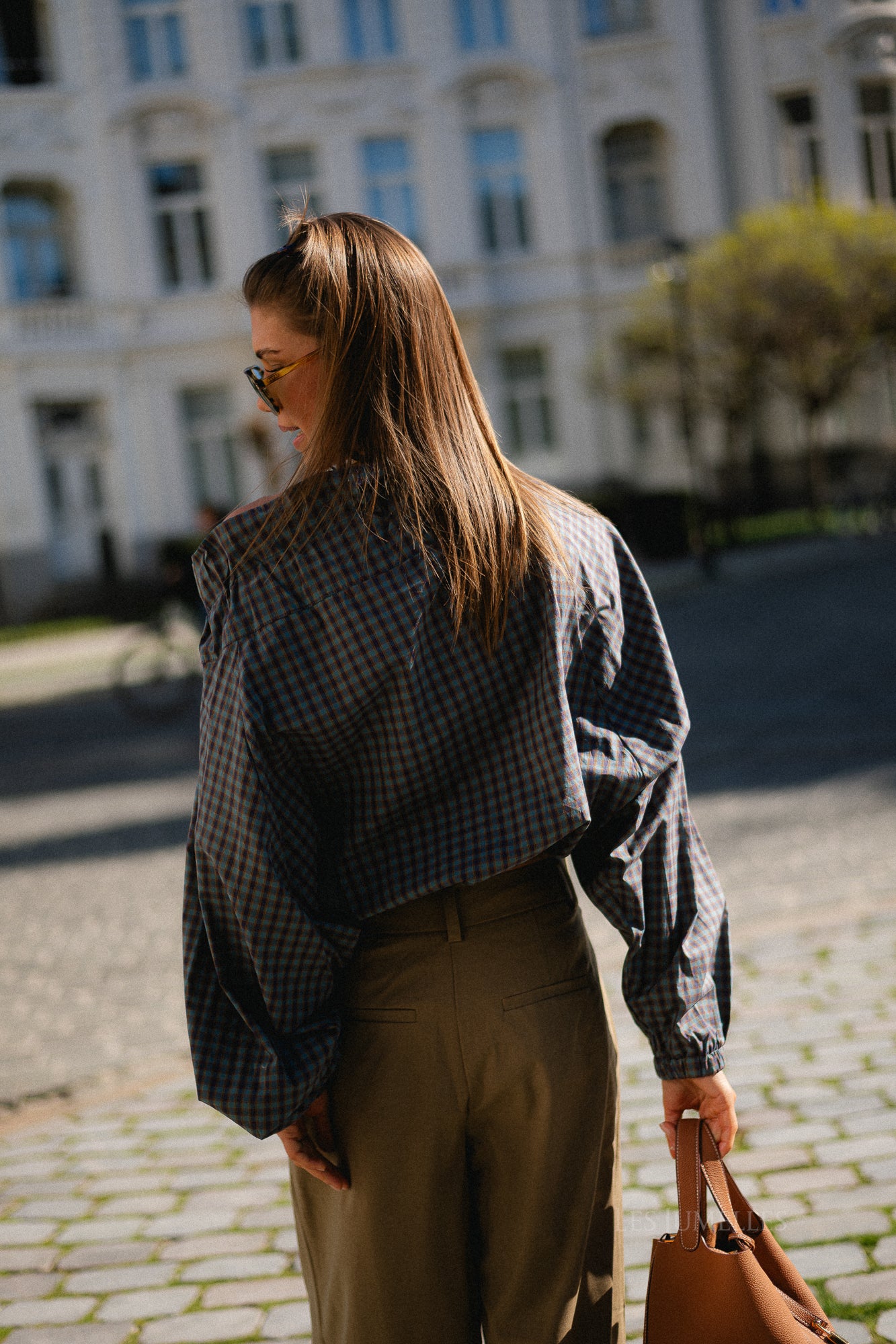 Isaline off-shoulder checked blouse petrol