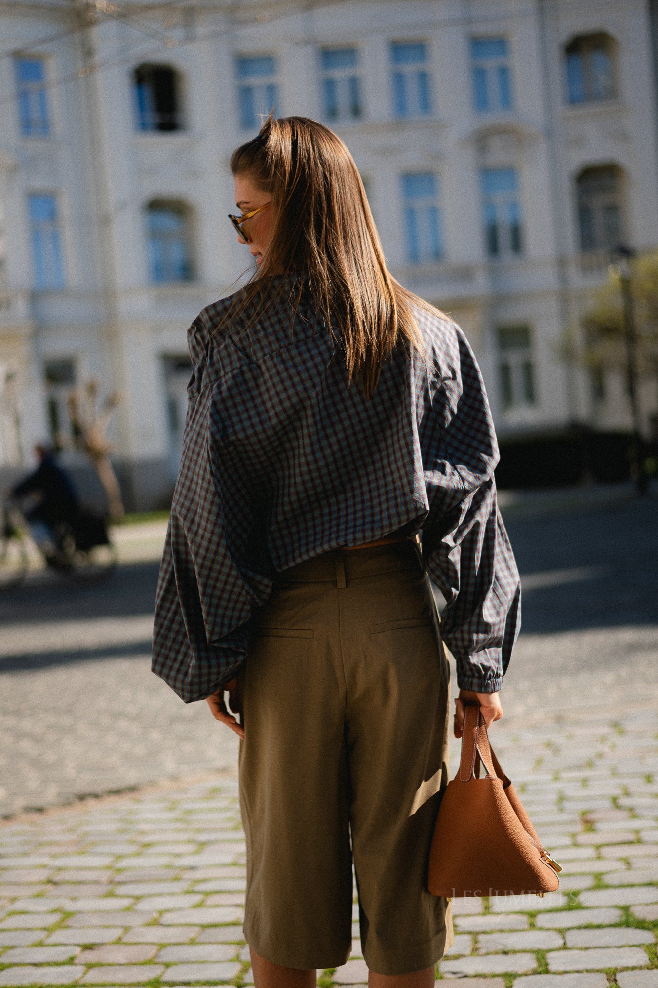 Isaline off-shoulder checked blouse petrol