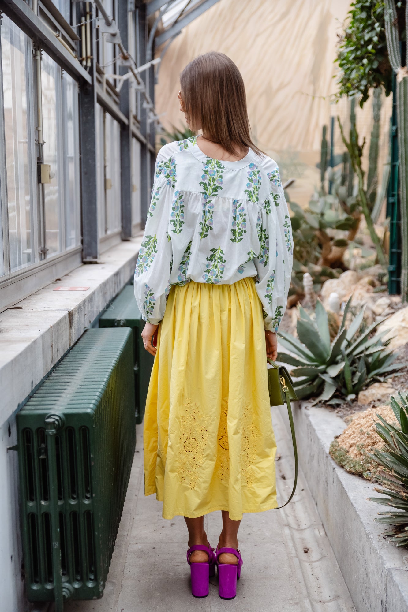 Embroidery anglaise midi skirt sweet yellow