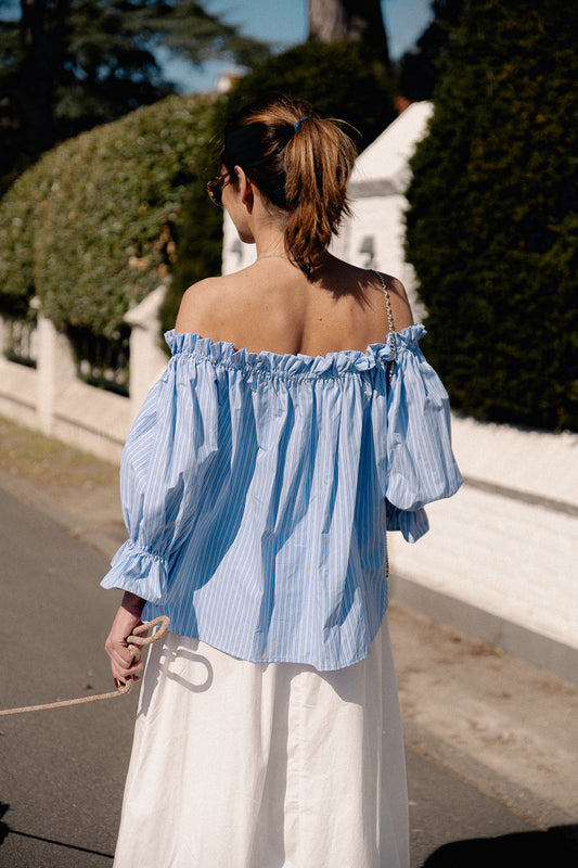 Les Jumelles Isabeau off shoulder blouse blauw/wit