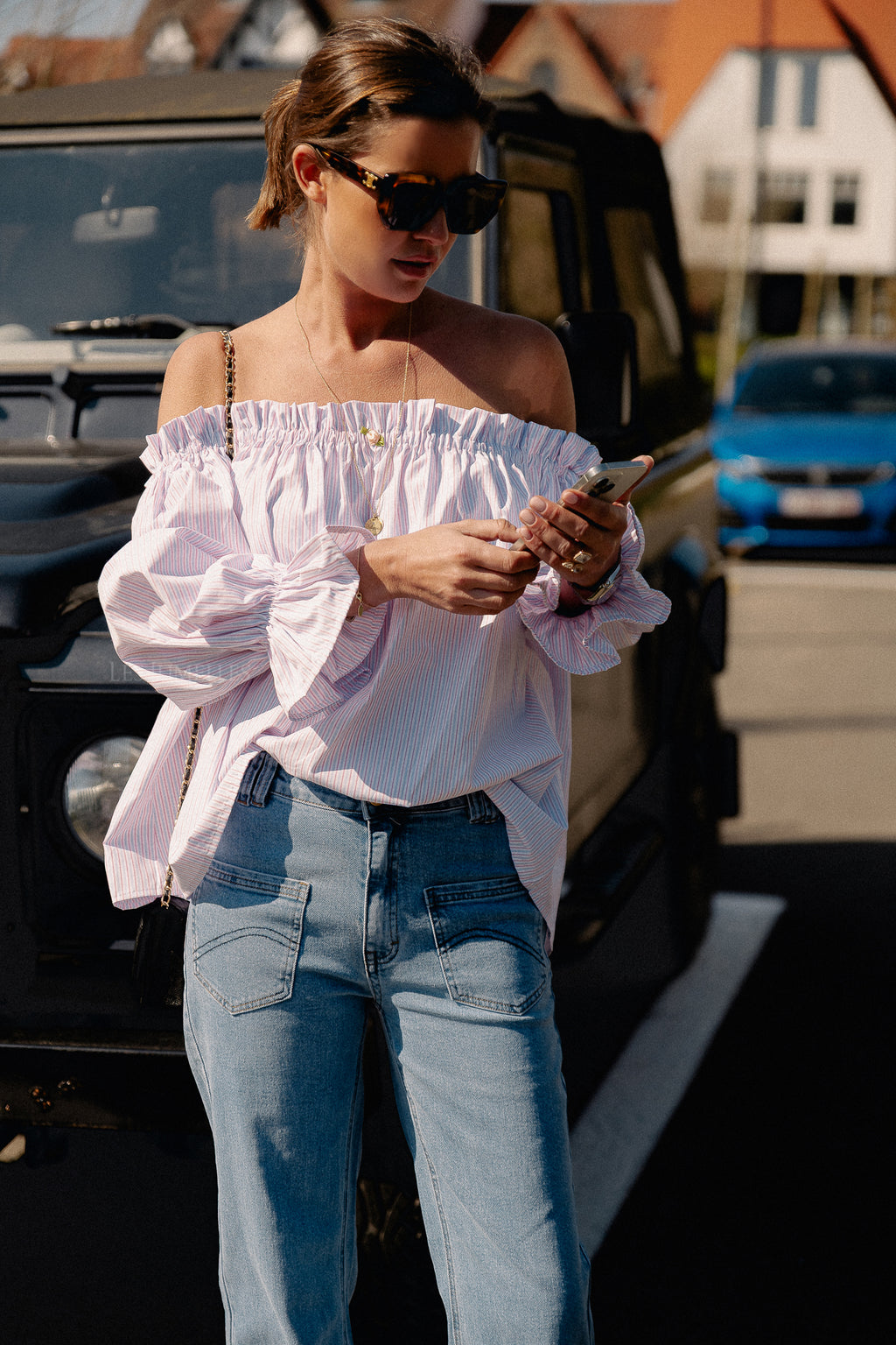 Isabeau off shoulder blouse roze/blauw